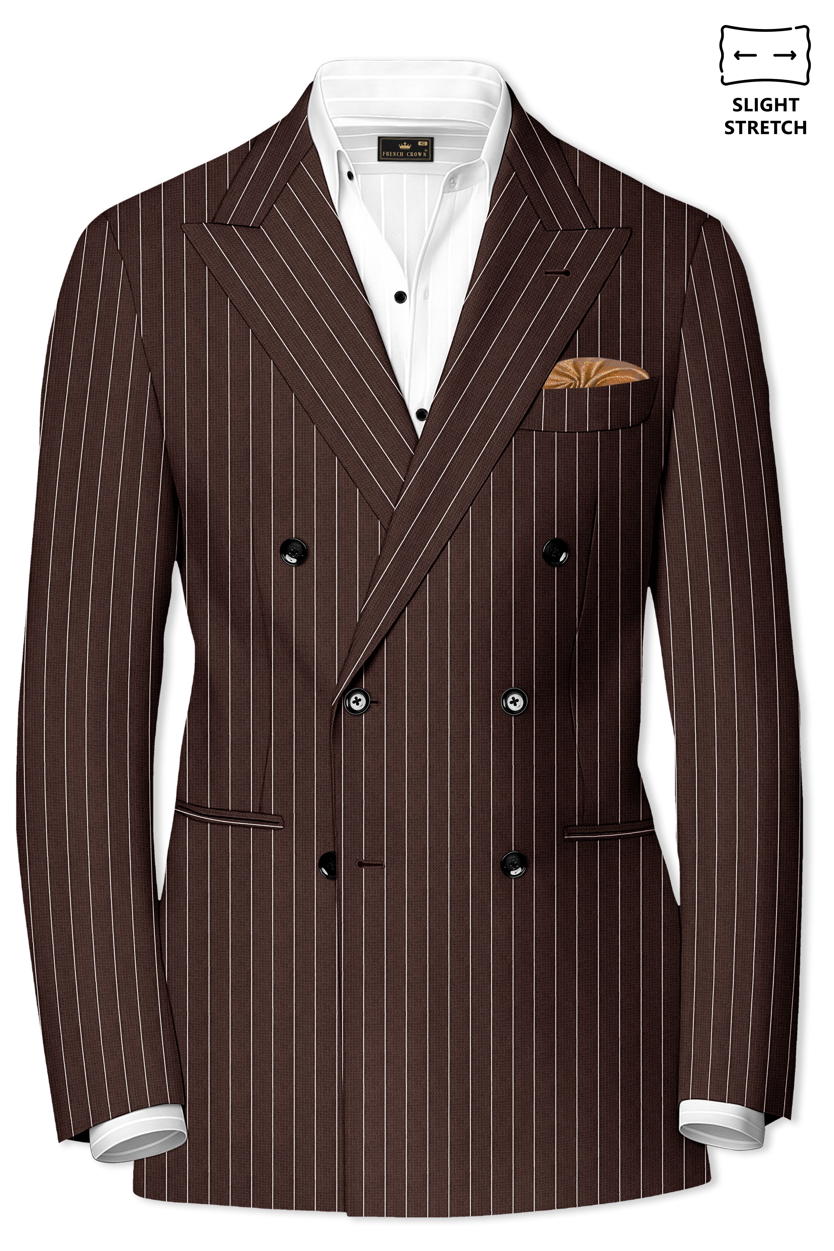 Bristol-Bistre Brown And Bright White Chalk Striped Wool Rich Slight Stretch Double Breasted Suit