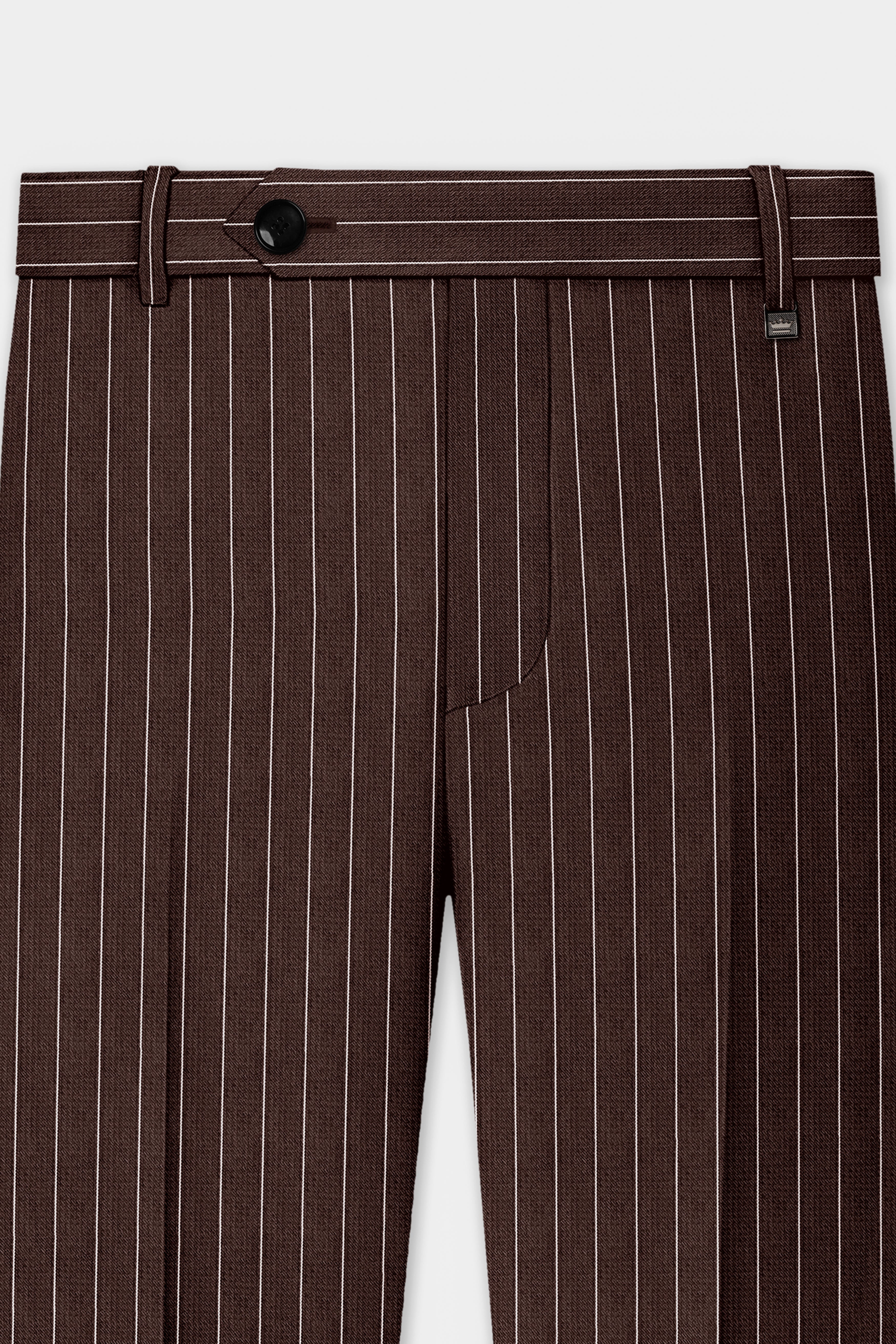Bristol-Bistre Brown And Bright White Chalk Striped Wool Rich Slight Stretch Double Breasted Suit