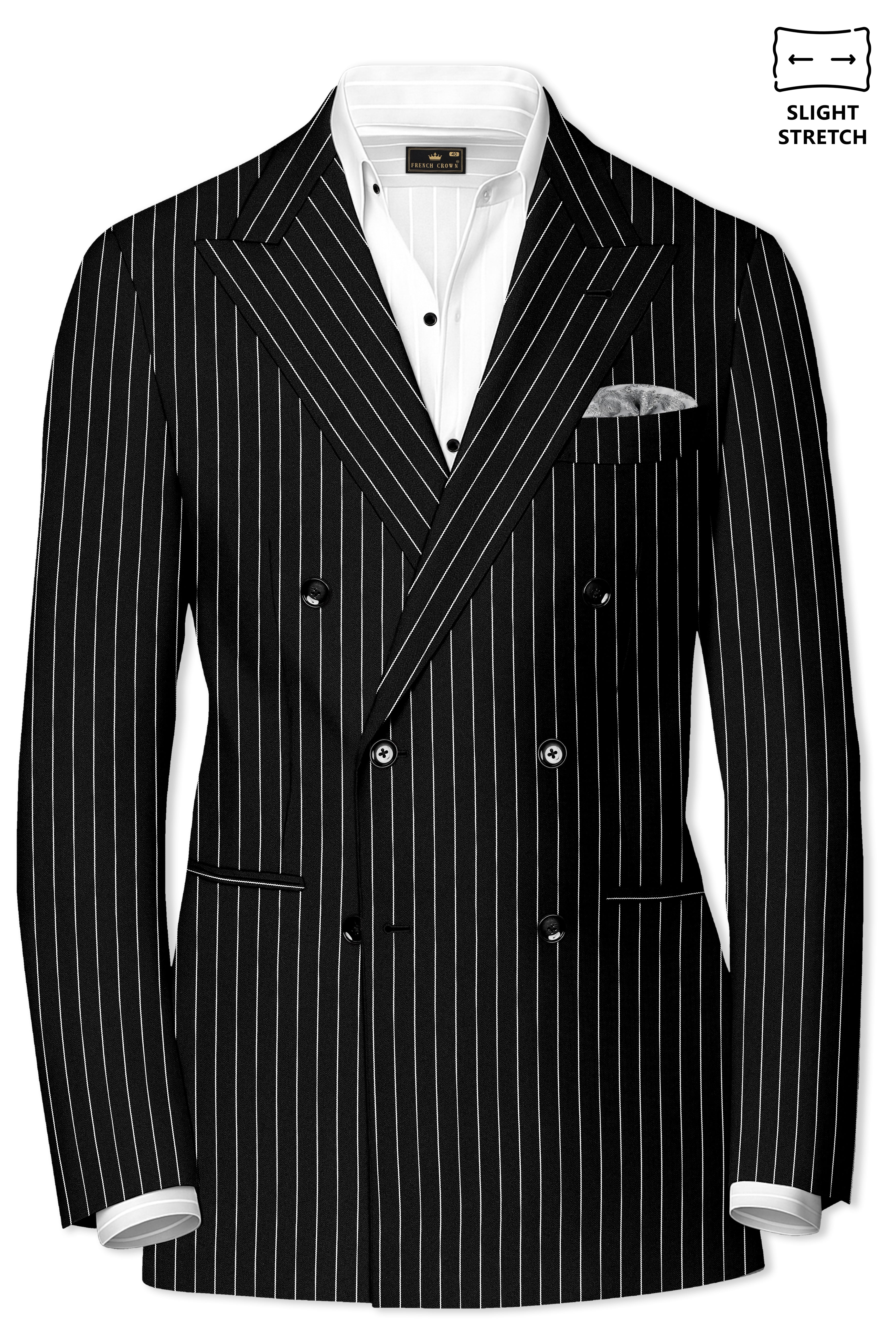 Noir-Jade Black Herringbone Striped Wool Rich Slight Stretch Double Breasted Suit