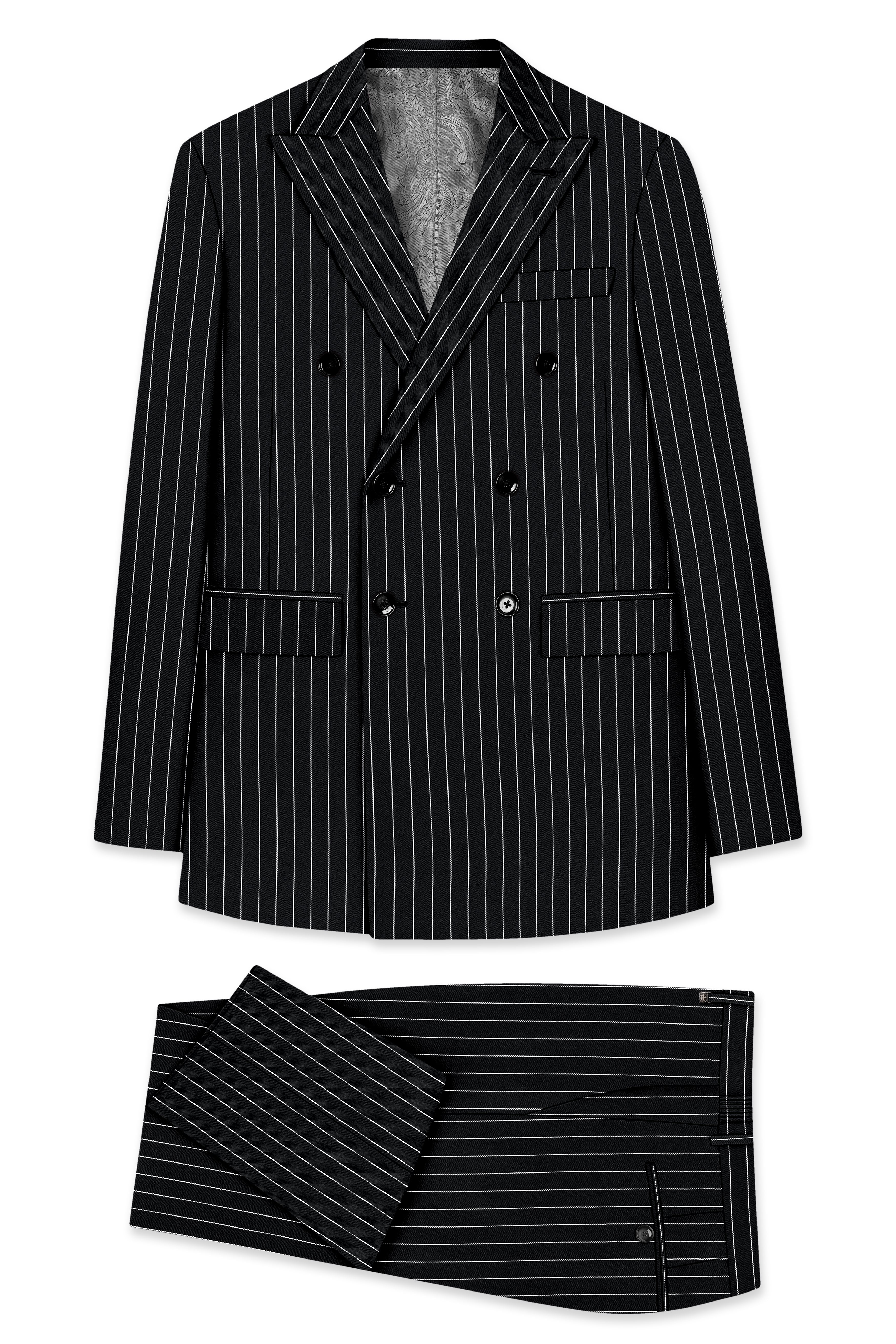 Noir-Jade Black Herringbone Striped Wool Rich Slight Stretch Double Breasted Suit