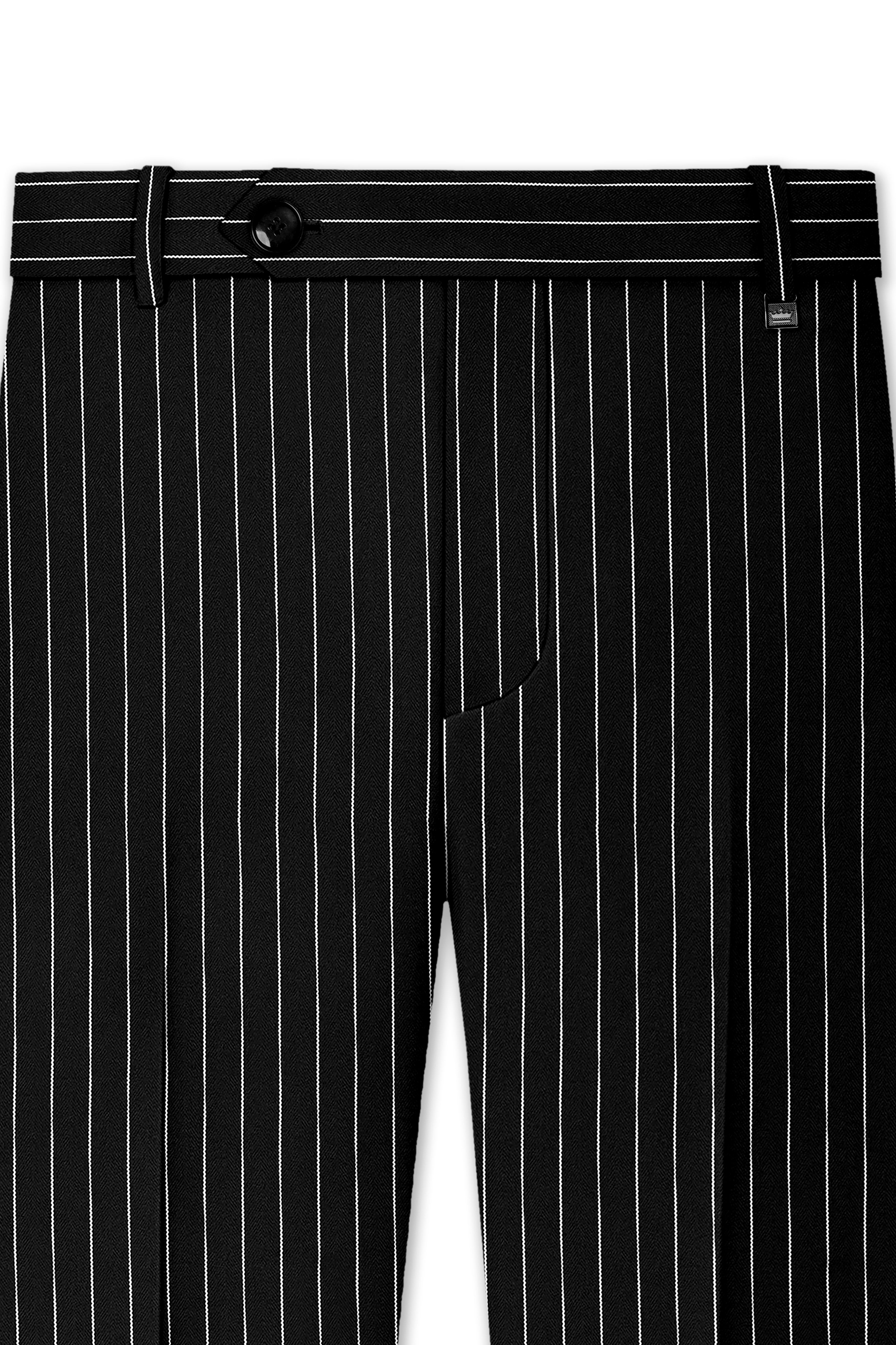 Noir-Jade Black Herringbone Striped Wool Rich Slight Stretch Double Breasted Suit