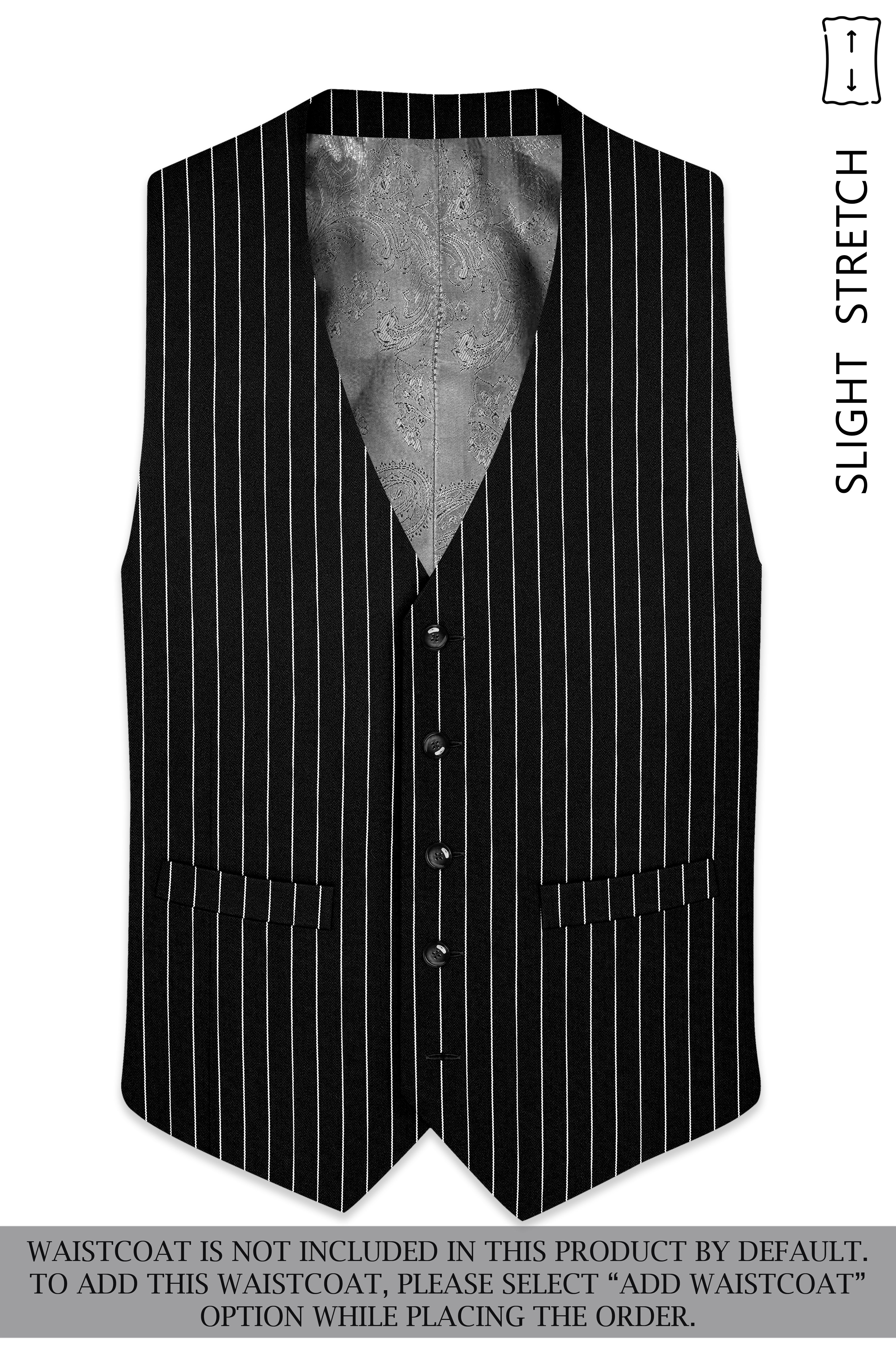 Noir-Jade Black Herringbone Striped Wool Rich Slight Stretch Double Breasted Suit