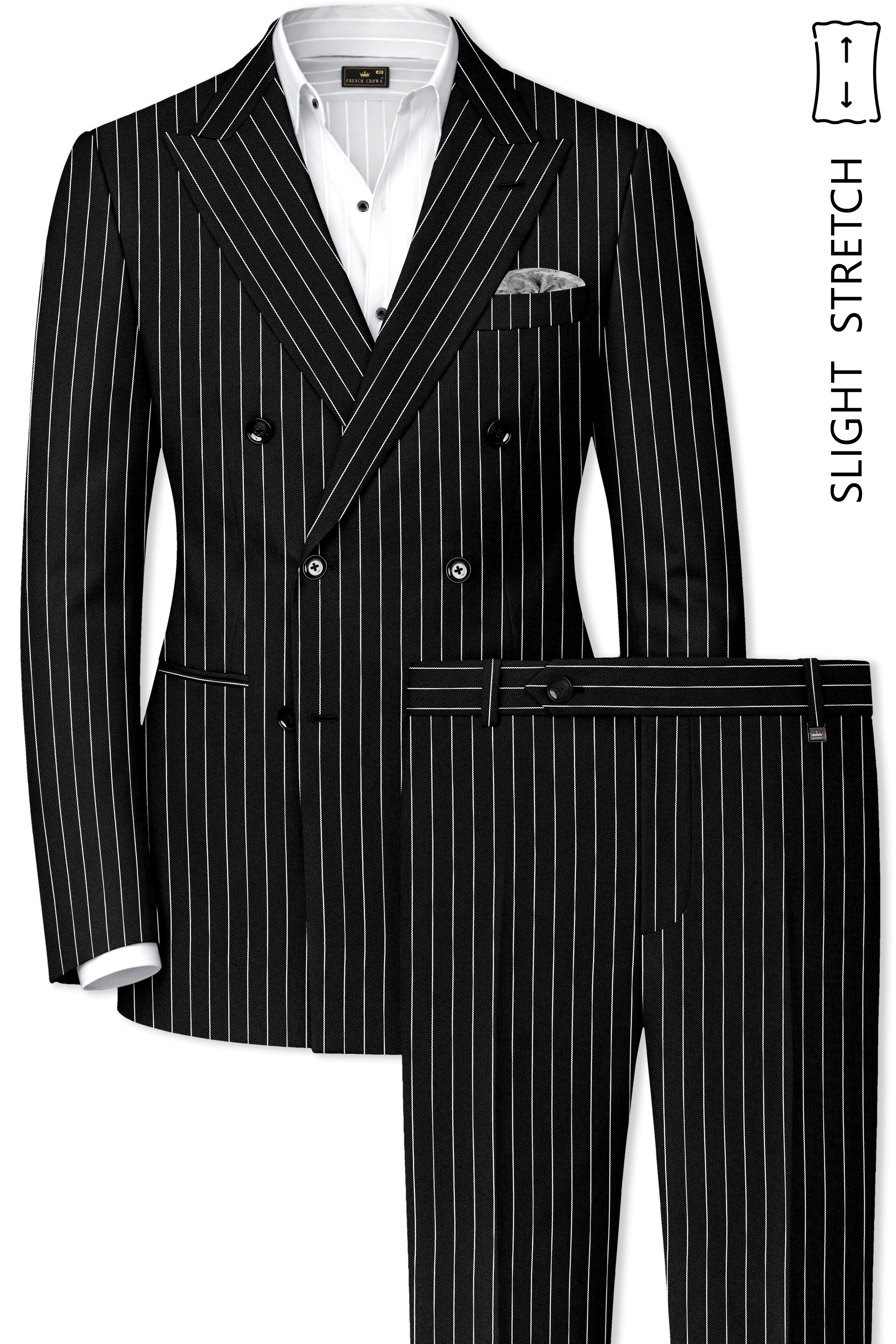 Noir-Jade Black Herringbone Striped Wool Rich Slight Stretch Double Breasted Suit