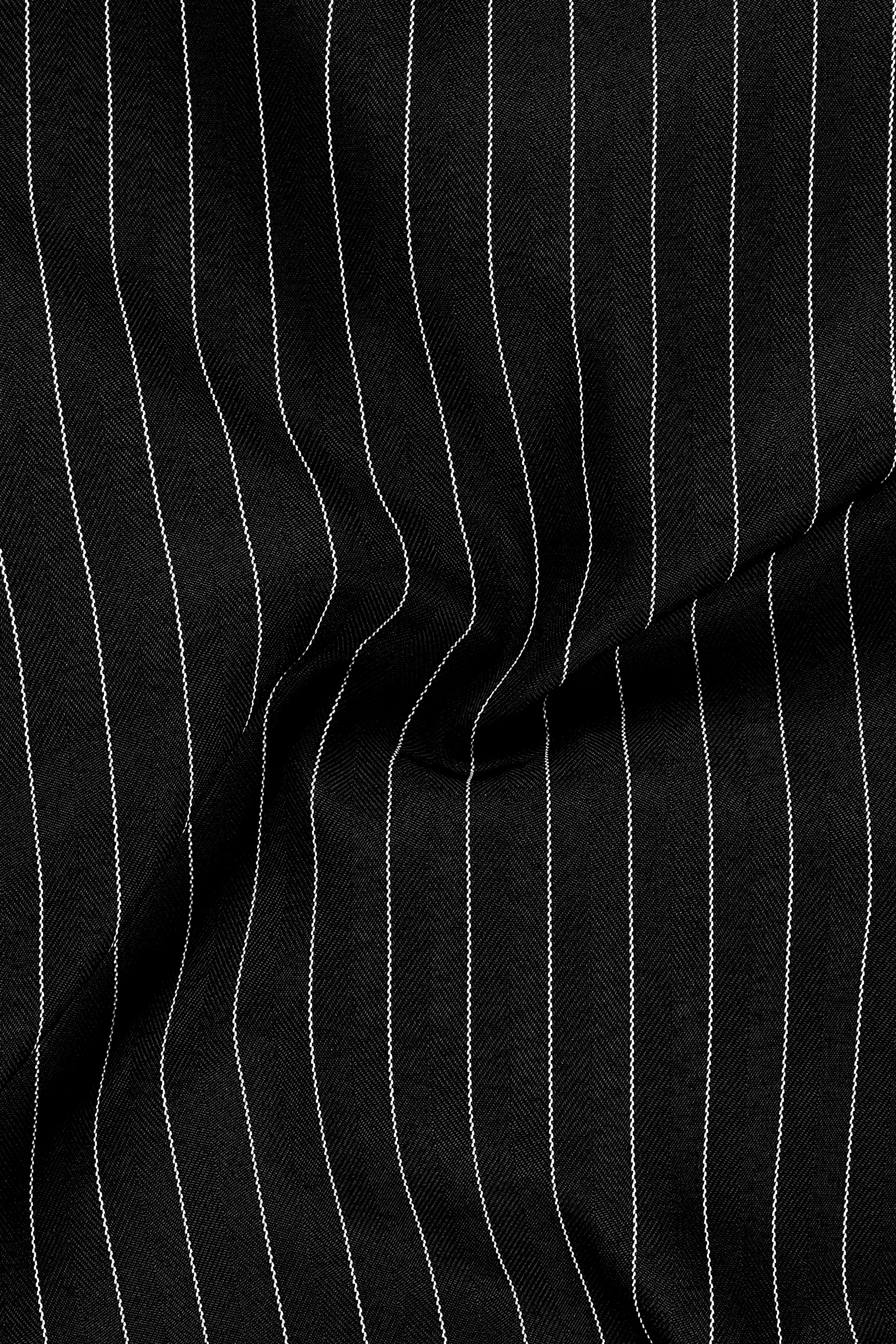 Noir-Jade Black Herringbone Striped Wool Rich Slight Stretch Double Breasted Suit