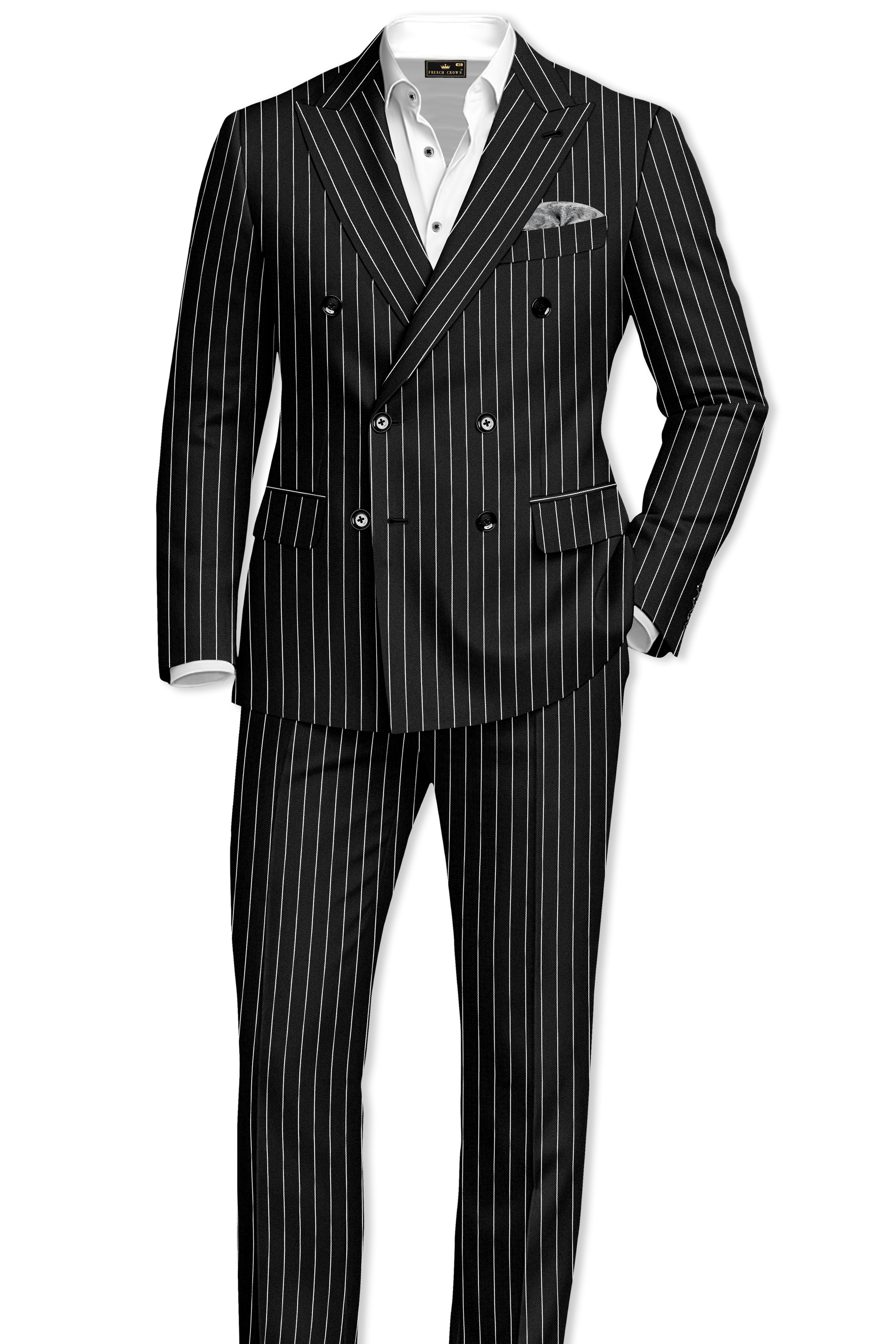Noir-Jade Black Herringbone Striped Wool Rich Slight Stretch Double Breasted Suit