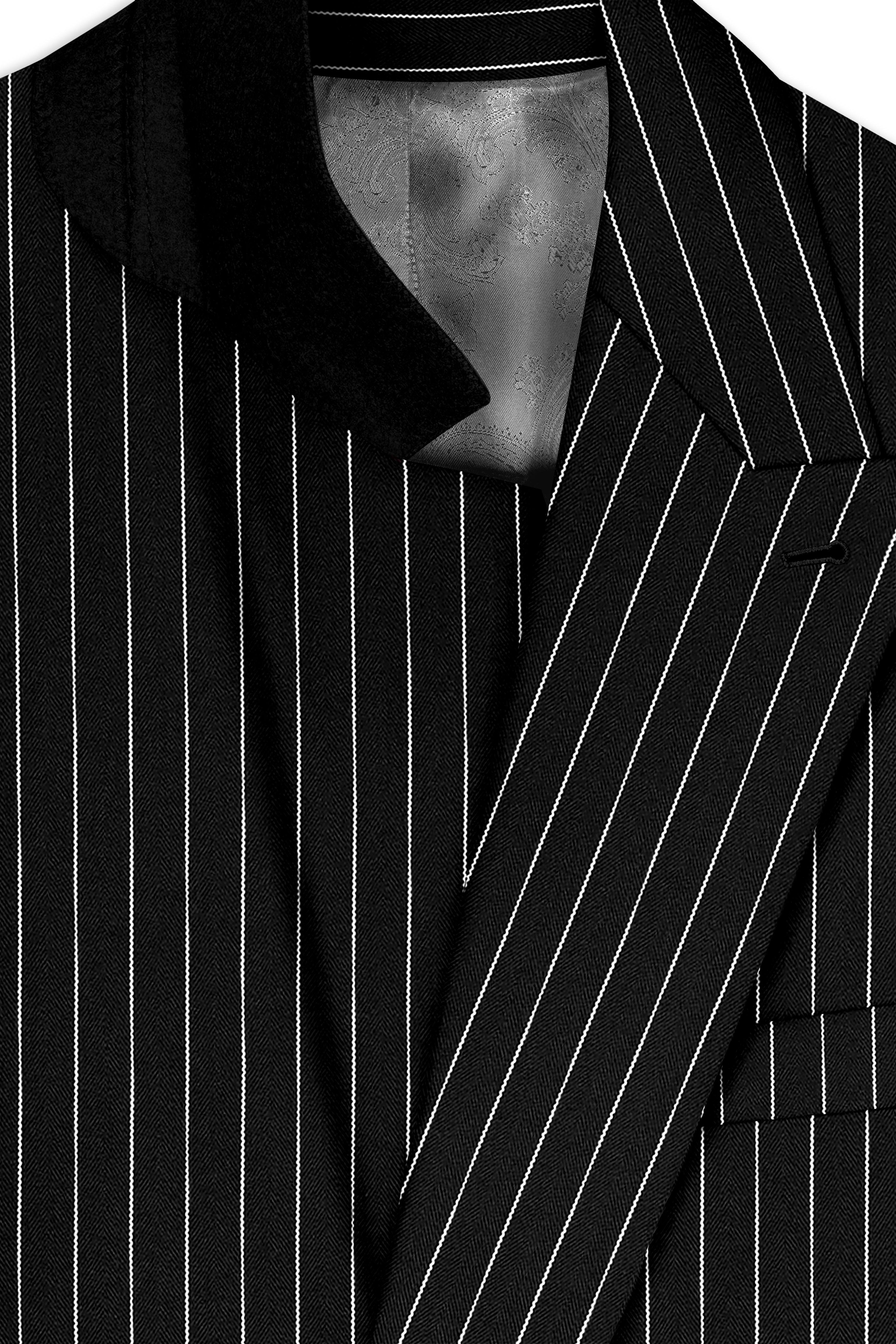 Noir-Jade Black Herringbone Striped Wool Rich Slight Stretch Double Breasted Suit