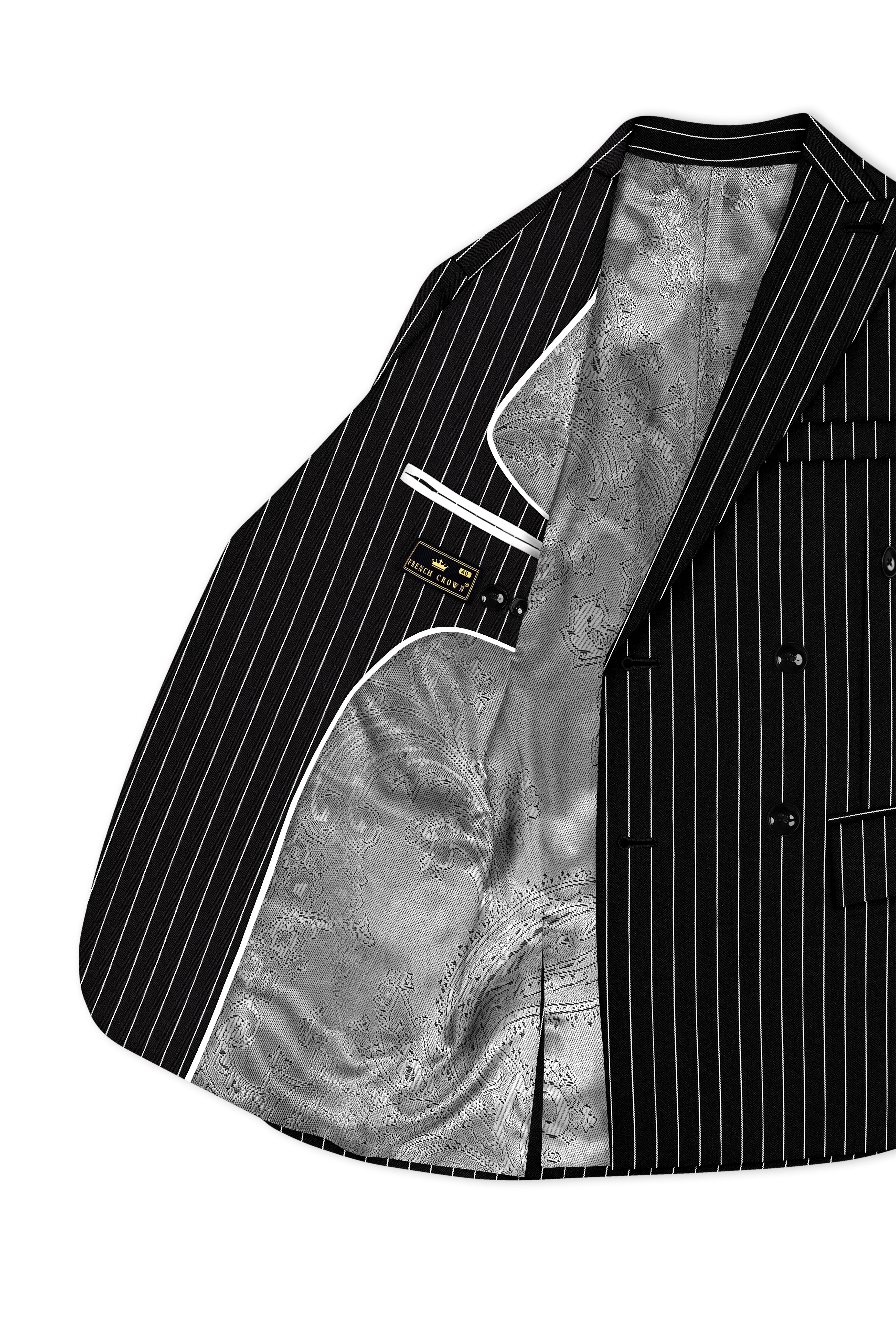 Noir-Jade Black Herringbone Striped Wool Rich Slight Stretch Double Breasted Suit