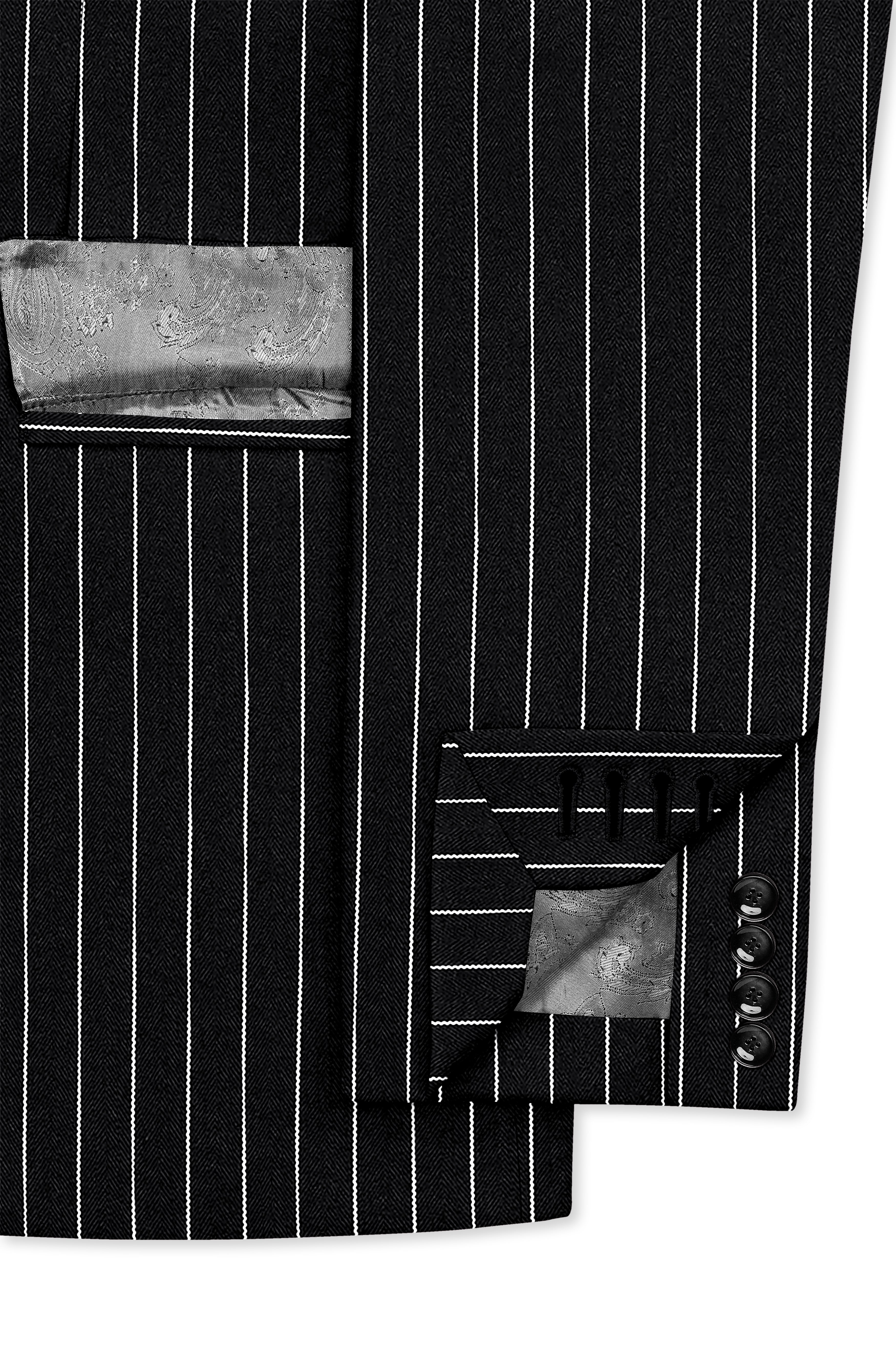 Noir-Jade Black Herringbone Striped Wool Rich Slight Stretch Double Breasted Suit