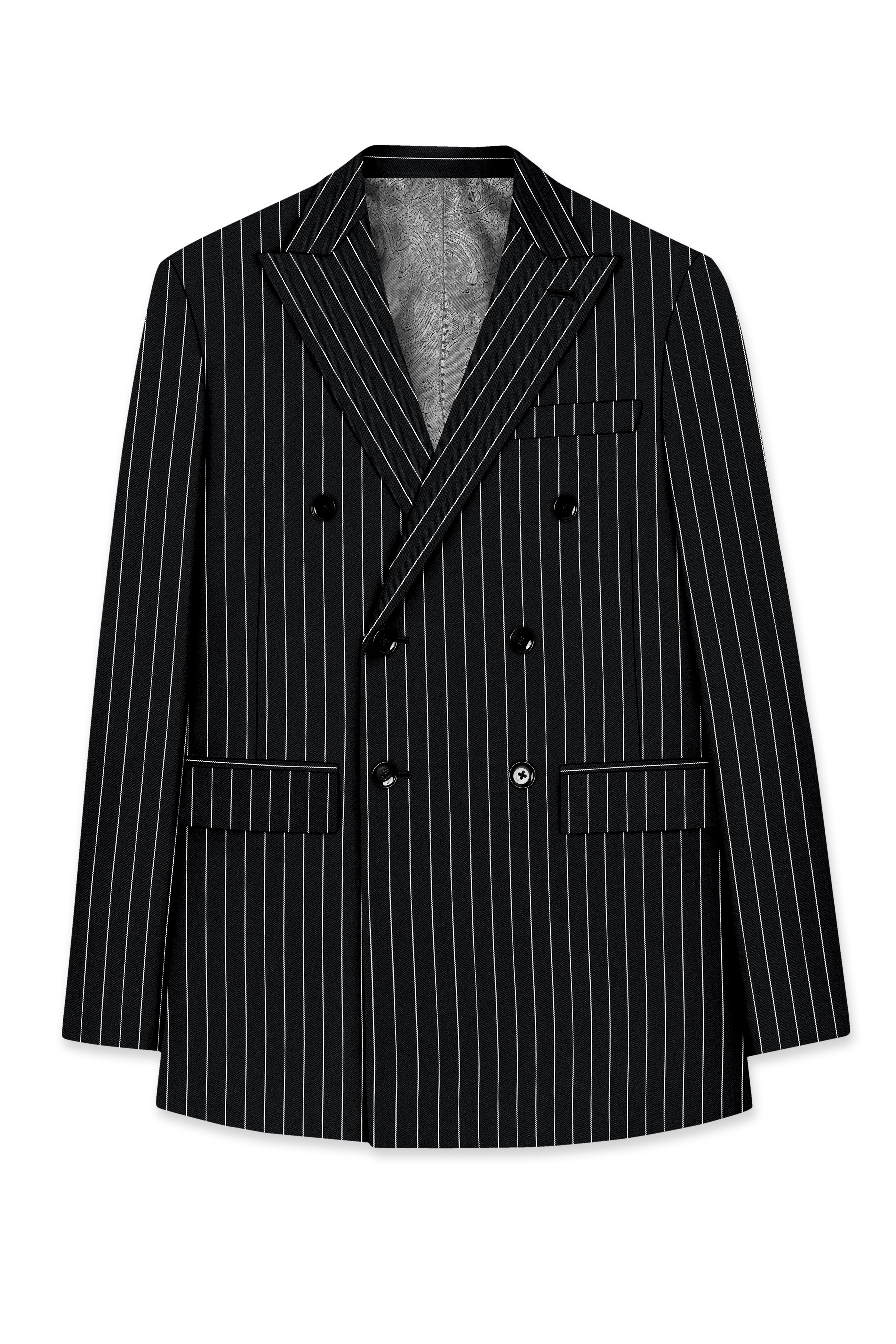 Noir-Jade Black Herringbone Striped Wool Rich Slight Stretch Double Breasted Suit