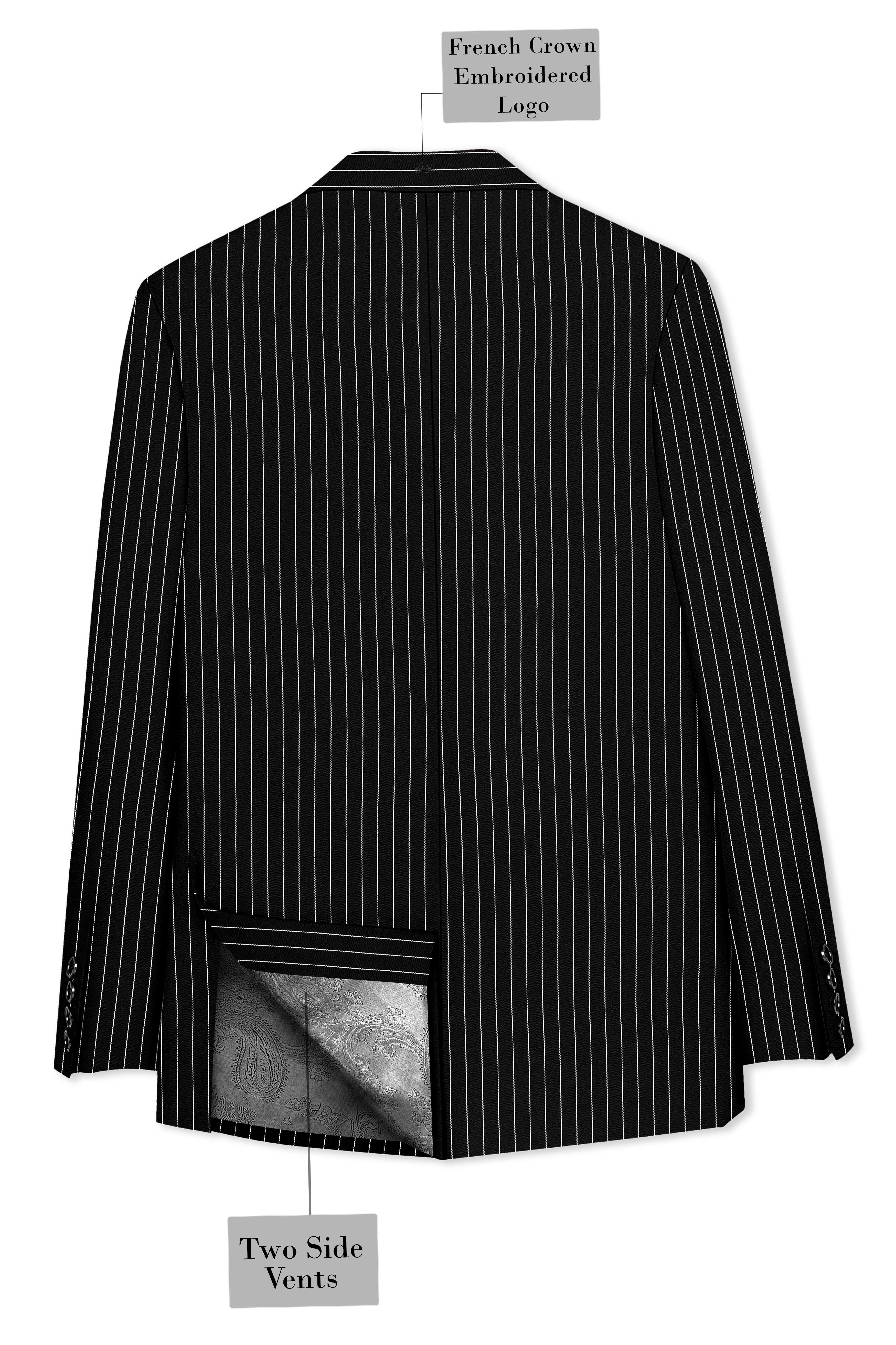 Noir-Jade Black Herringbone Striped Wool Rich Slight Stretch Double Breasted Suit