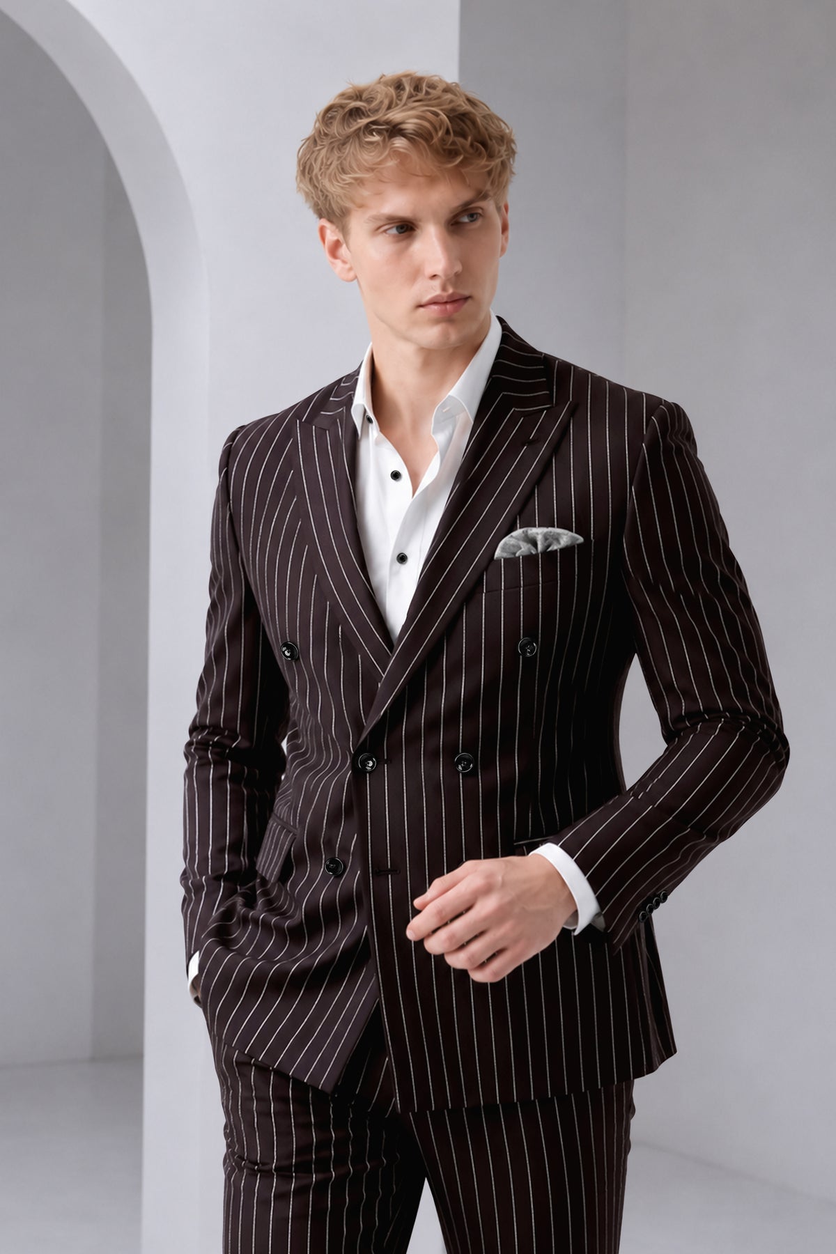 Volt-Thunder Brown Herringbone Striped Wool Rich Slight Stretch Double Breasted Suit