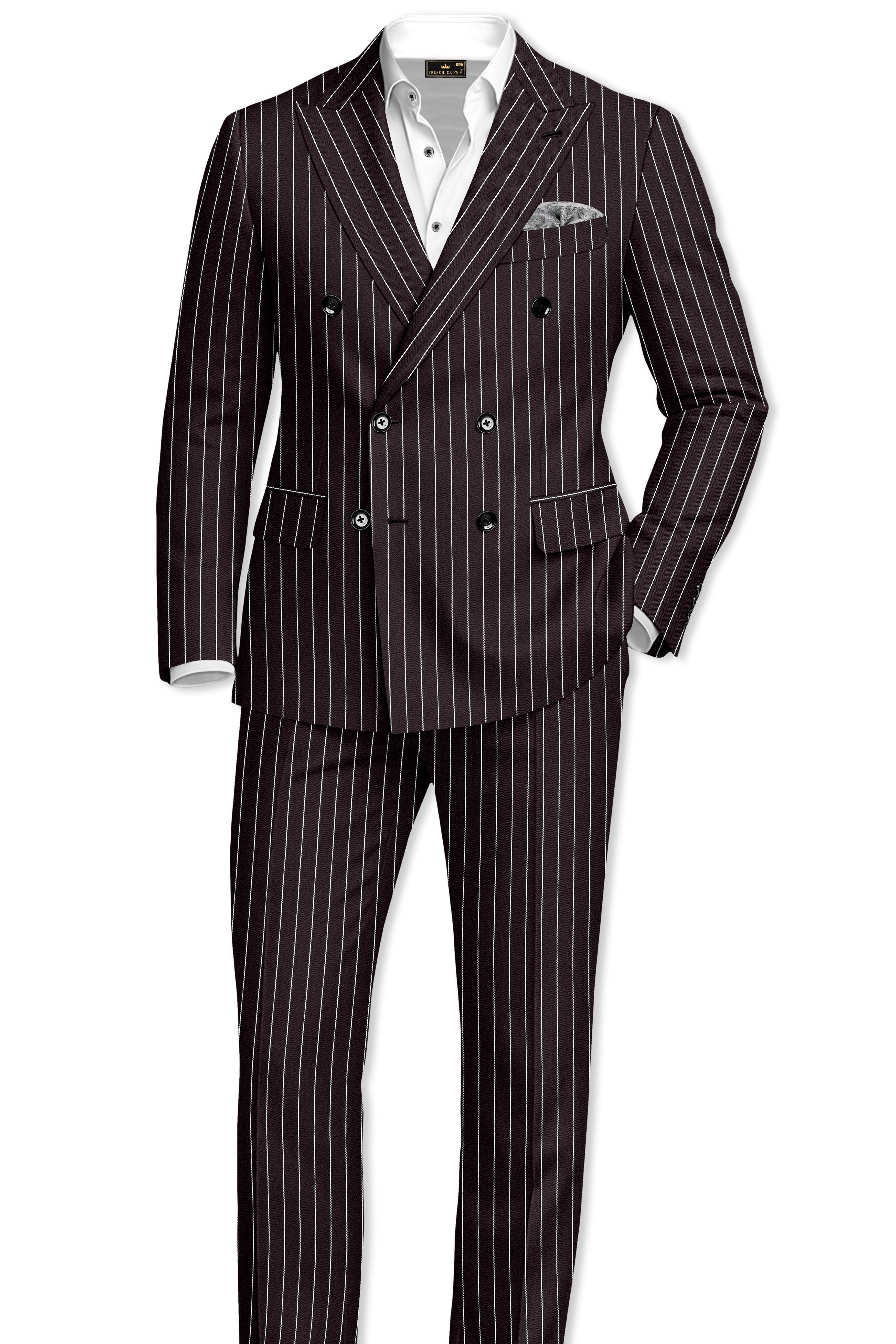 Volt-Thunder Brown Herringbone Striped Wool Rich Slight Stretch Double Breasted Suit