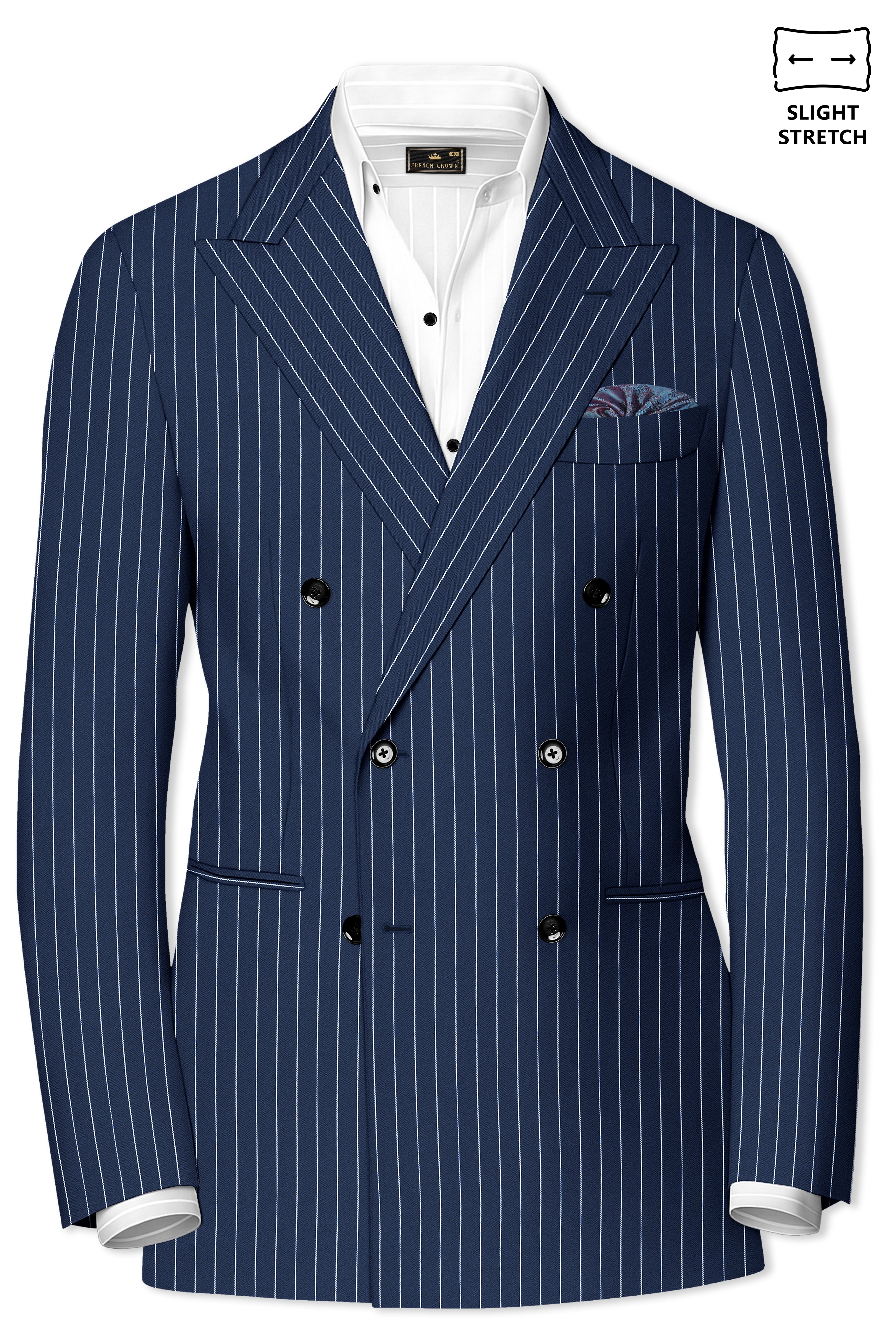 Astris-Space Blue Herringbone Striped Wool Rich Slight Stretch Double Breasted Suit