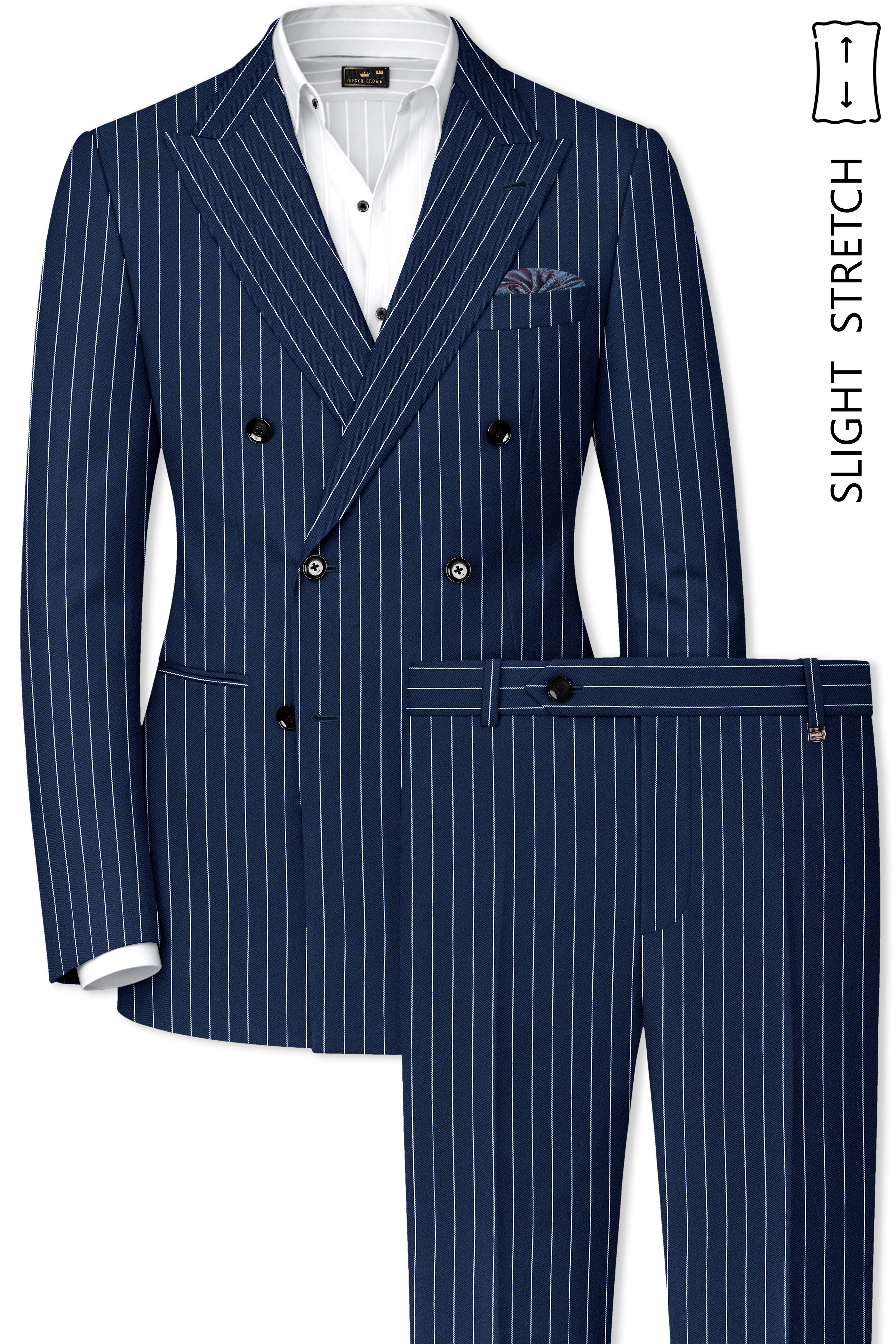 Astris-Space Blue Herringbone Striped Wool Rich Slight Stretch Double Breasted Suit
