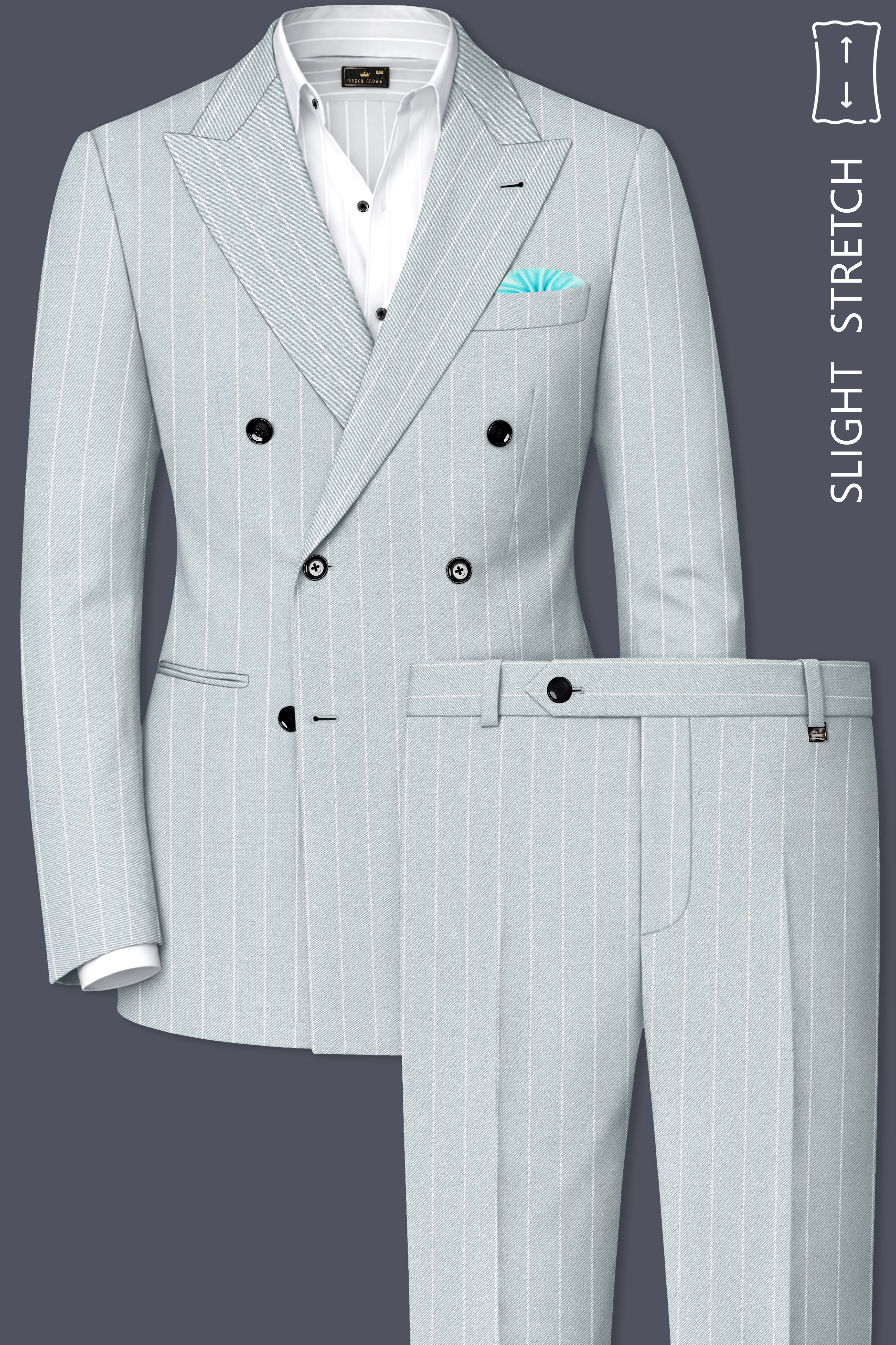 Slate-Tiara Gray And Bright White Chalk Striped Wool Rich Slight Stretch Double Breasted Suit
