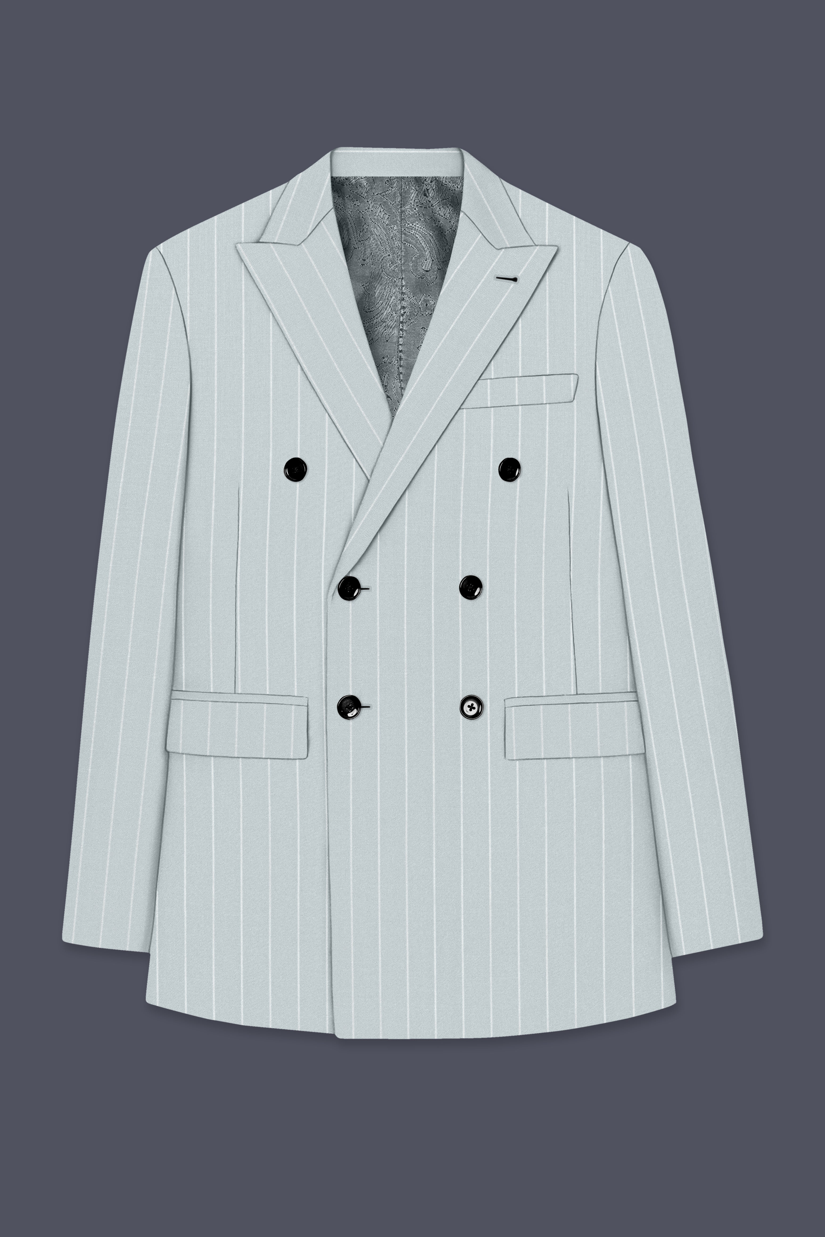 Slate-Tiara Gray And Bright White Chalk Striped Wool Rich Slight Stretch Double Breasted Suit