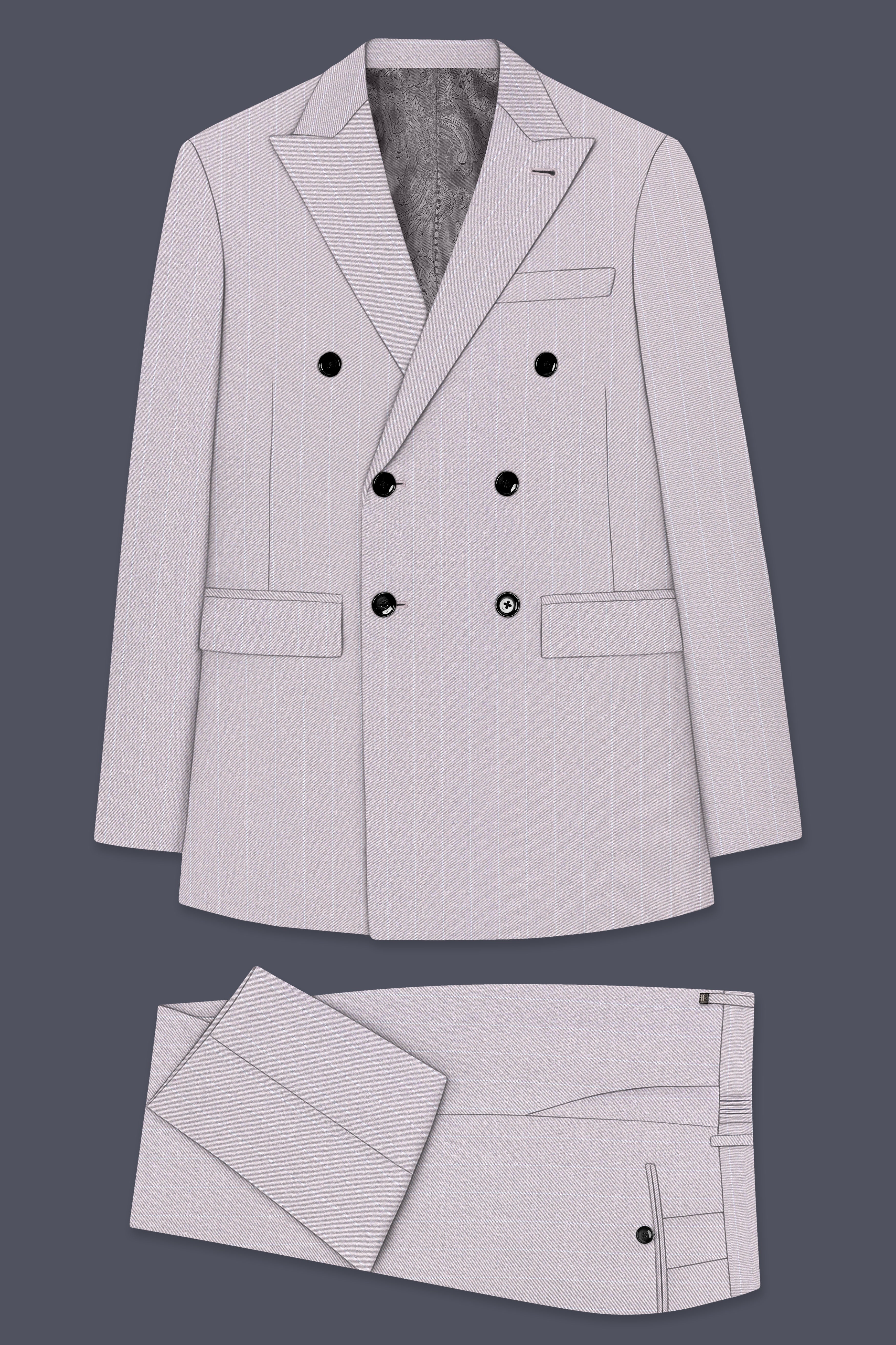 Roselle-Thistle Pink And Bright White Chalk Striped Wool Rich Slight Stretch Double Breasted Suit