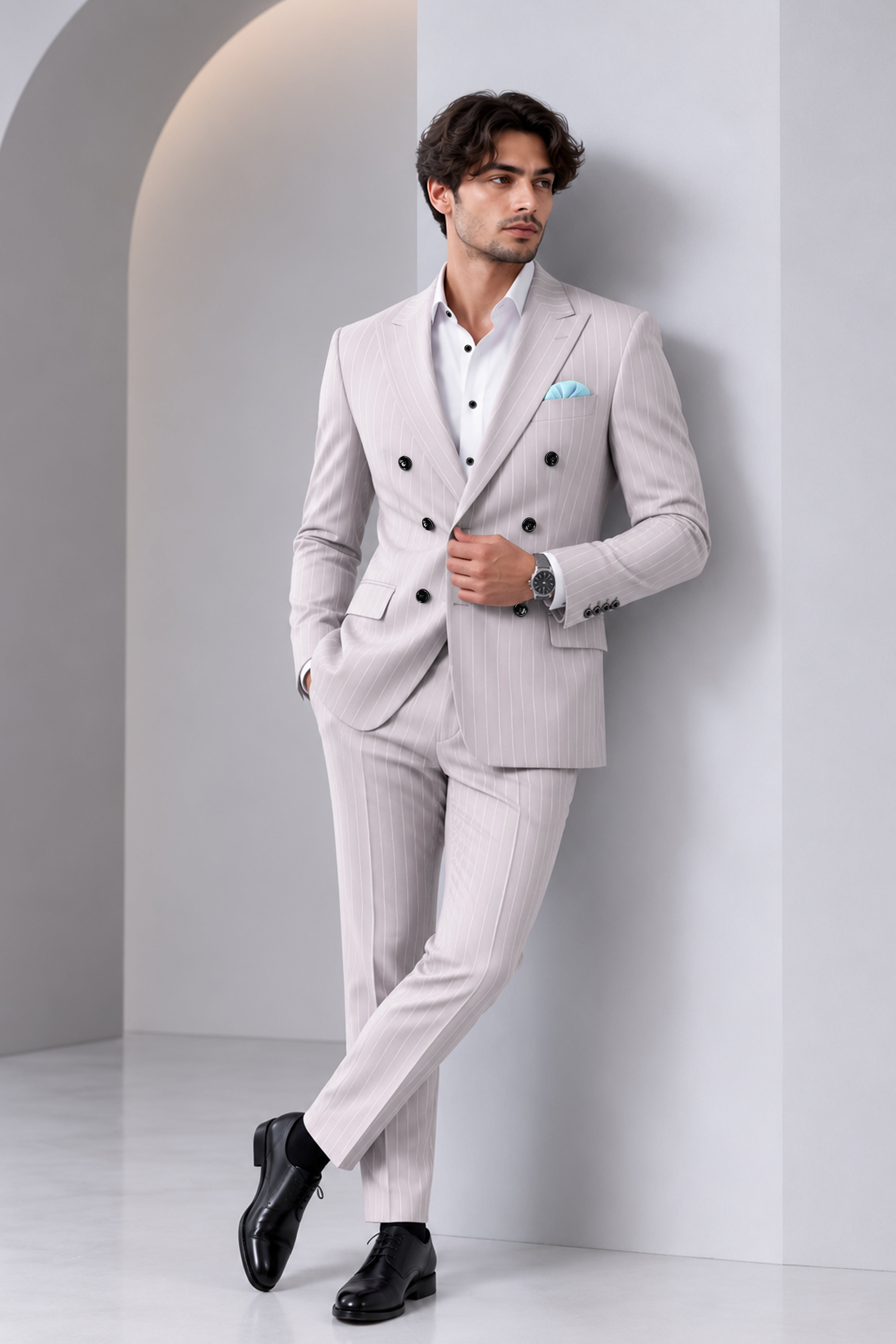 Roselle-Thistle Pink And Bright White Chalk Striped Wool Rich Slight Stretch Double Breasted Suit