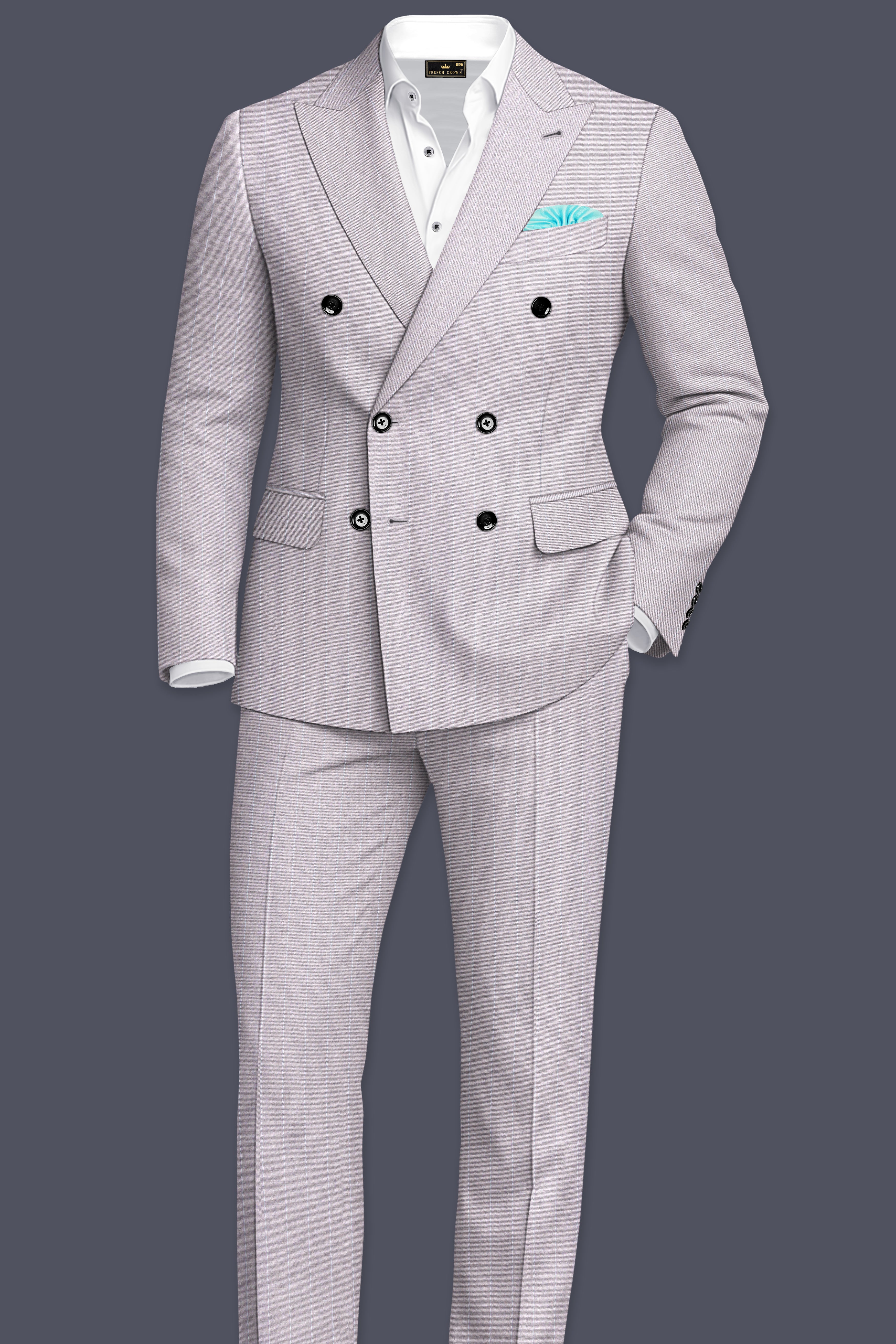 Roselle-Thistle Pink And Bright White Chalk Striped Wool Rich Slight Stretch Double Breasted Suit