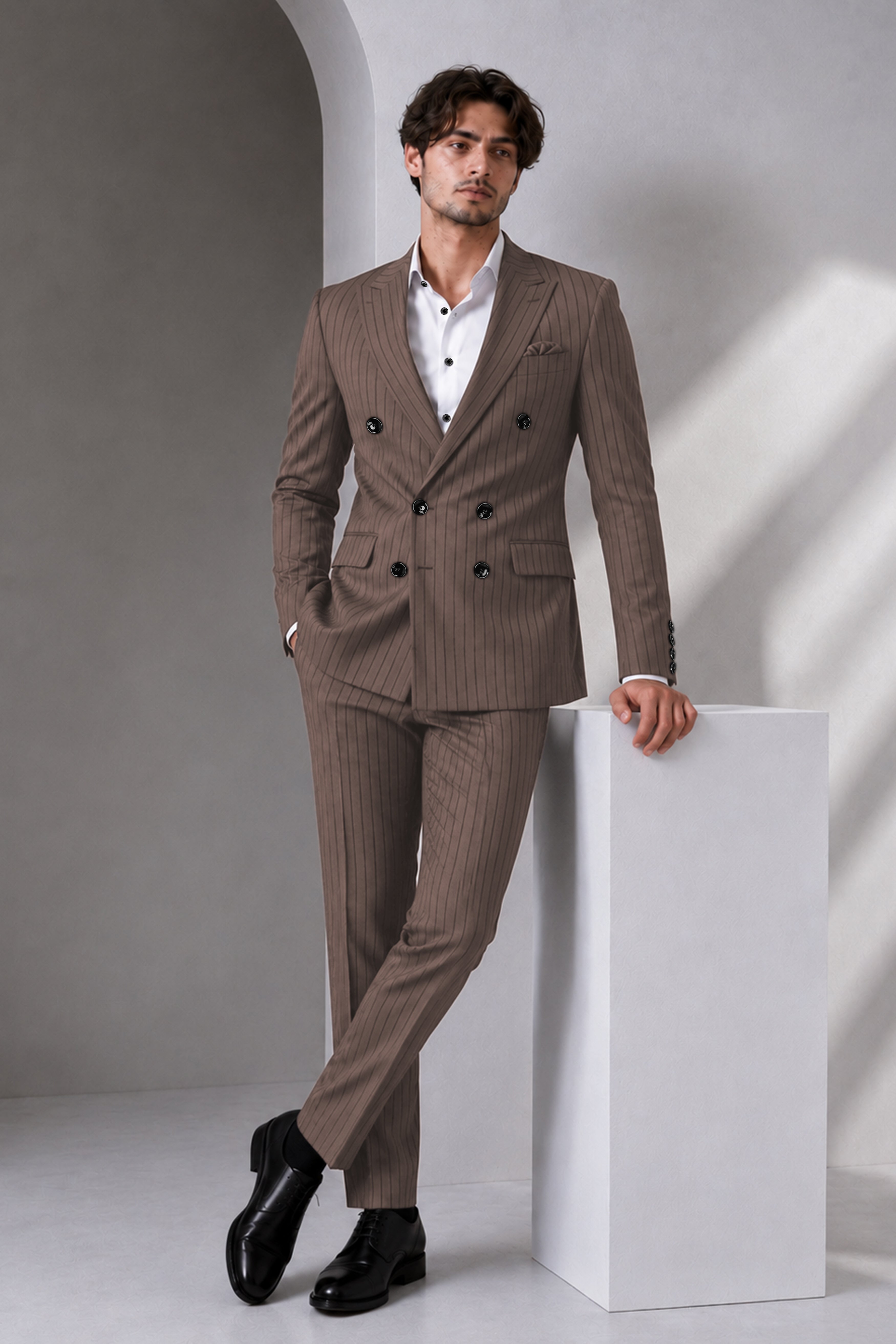 Obsidian-Fuscous Brown And Jade Black Chalk Striped Wool Rich Slight Stretch Double Breasted Suit