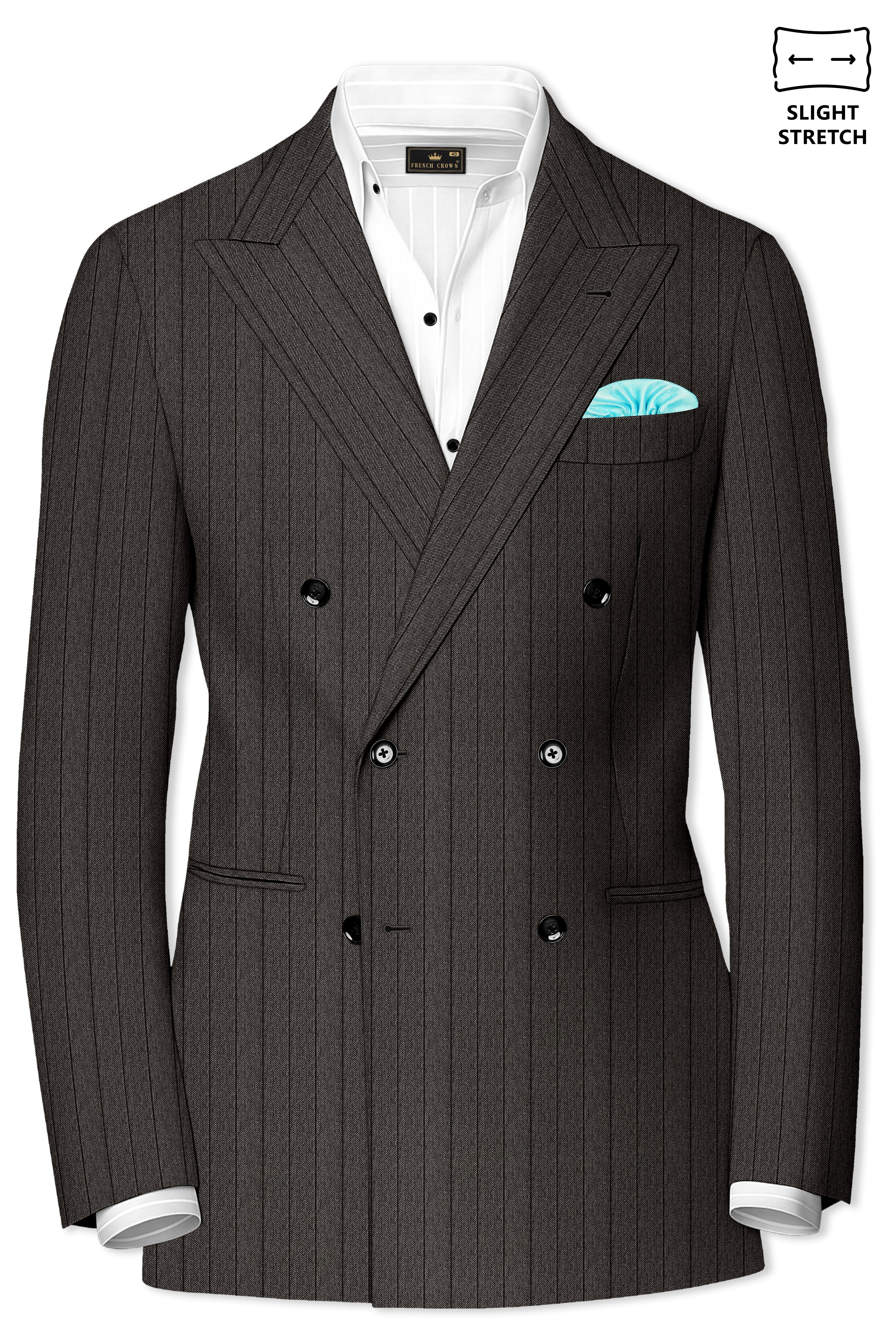Heritage-Iridium Brown And Bright White Chalk Striped Wool Rich Slight Stretch Double Breasted Suit