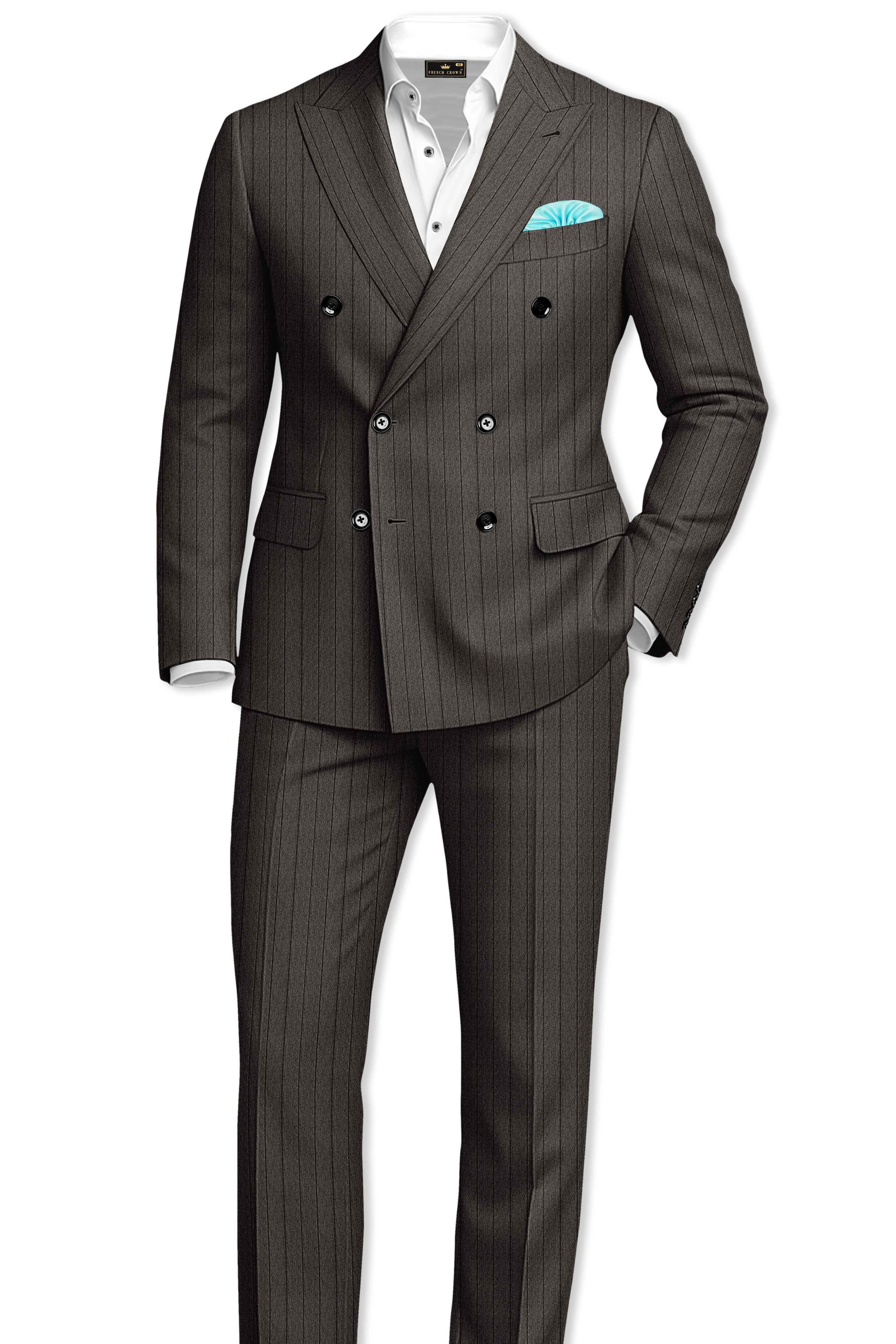 Heritage-Iridium Brown And Bright White Chalk Striped Wool Rich Slight Stretch Double Breasted Suit