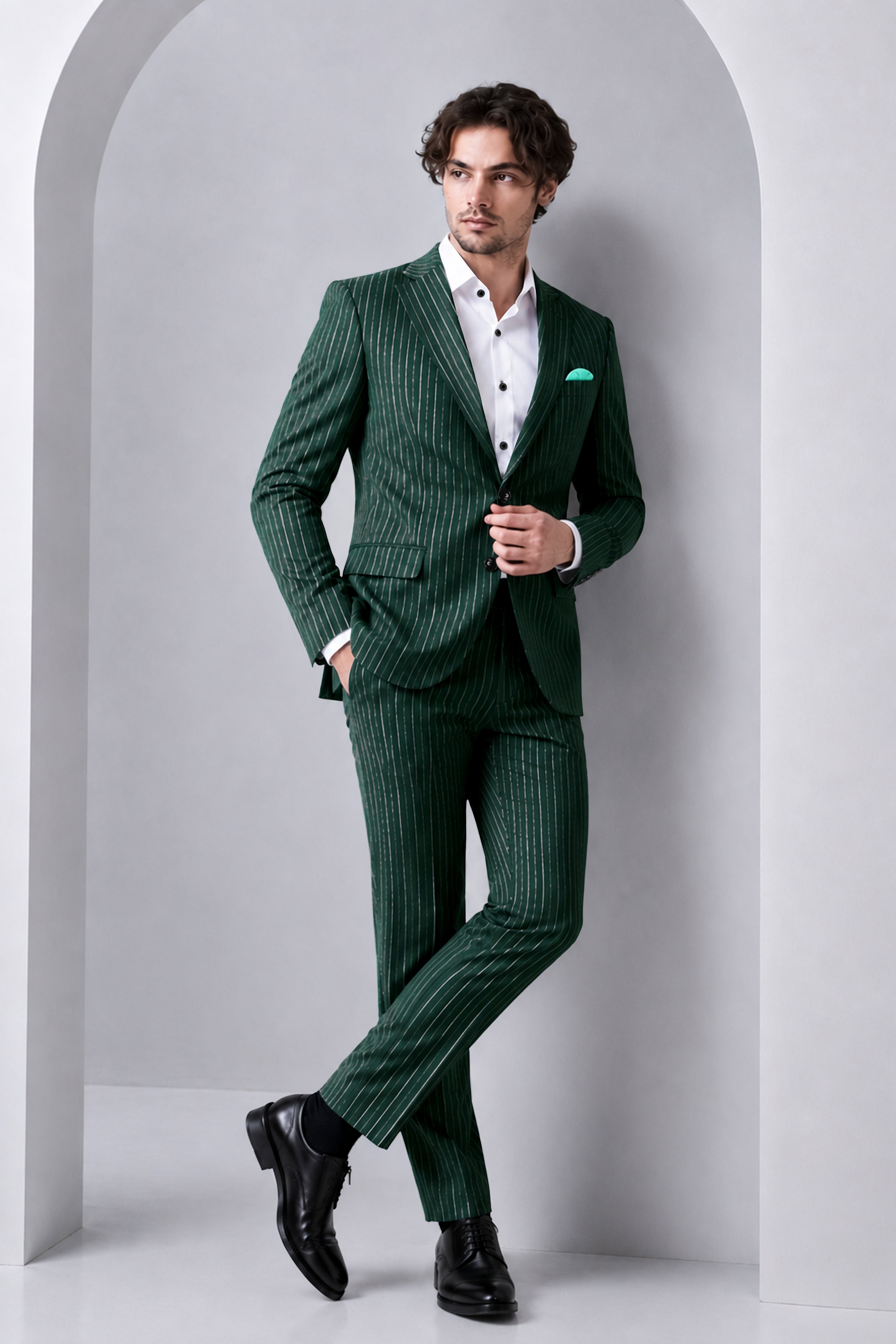 Arbor-Timber Green Herringbone Striped Wool Rich Slight Stretch Single Breasted Suit