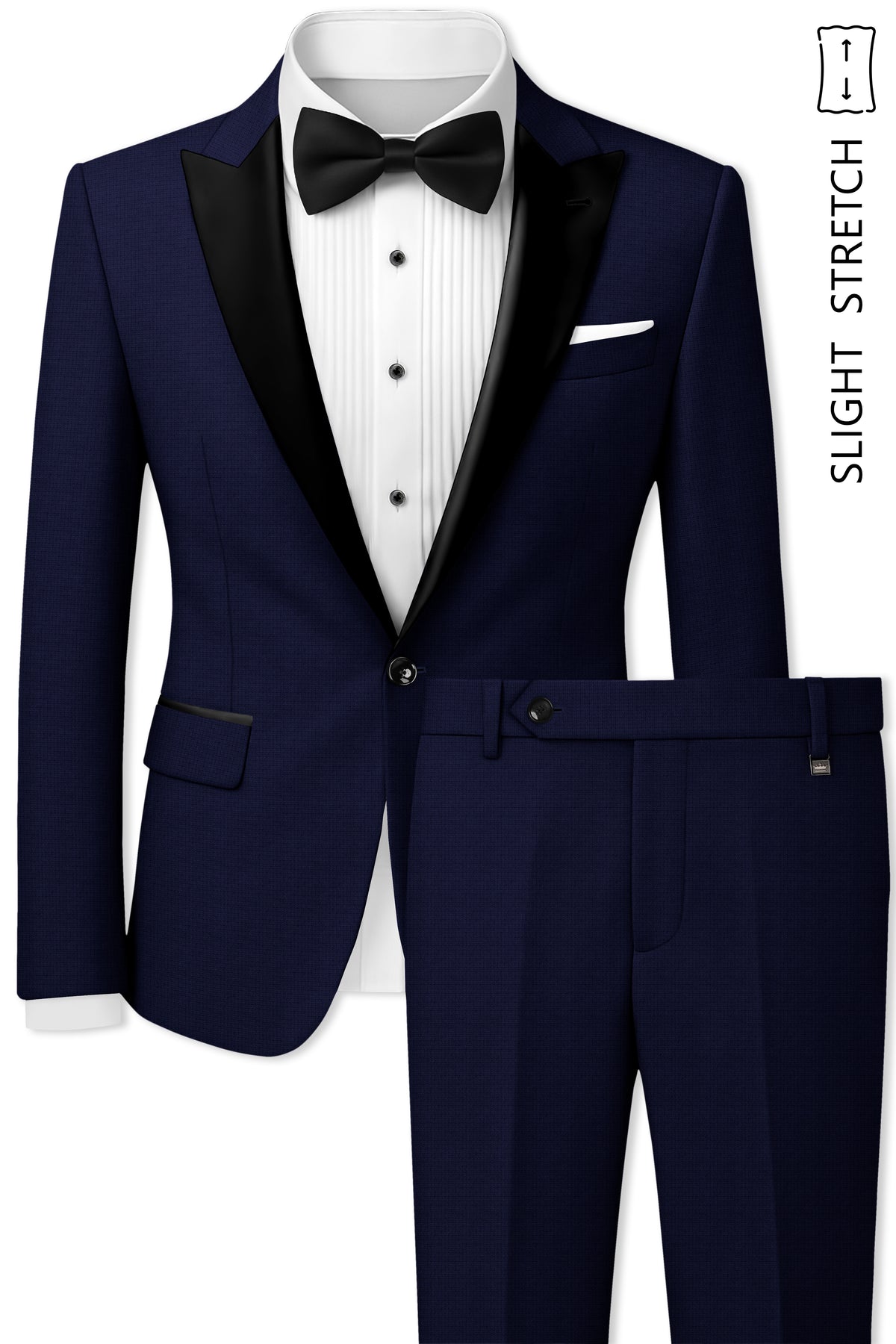 Sapphire-Haiti Blue Diamond Textured Wool Rich Slight Stretch Peak Lapel Tuxedo Suit