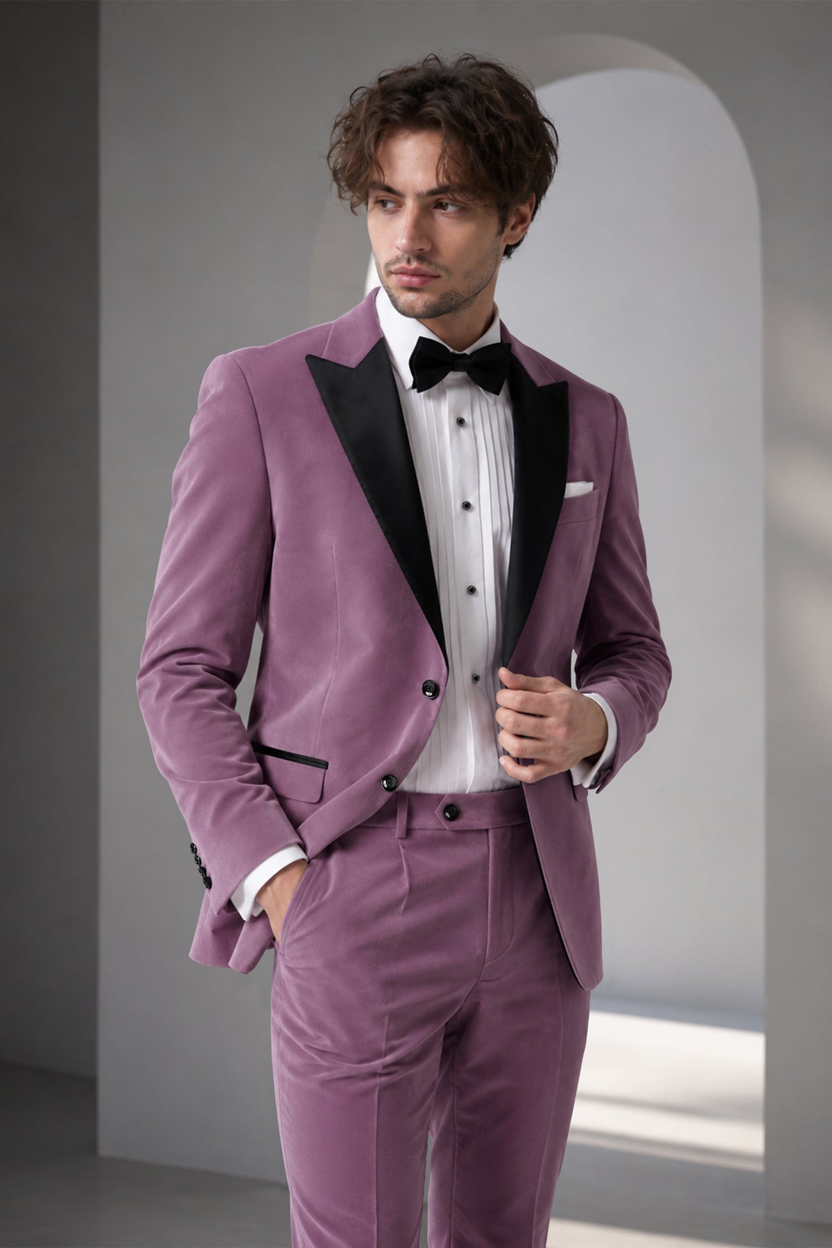 Veloura-Strikemaster Pink Velvet Peak Lapel Tuxedo Suit