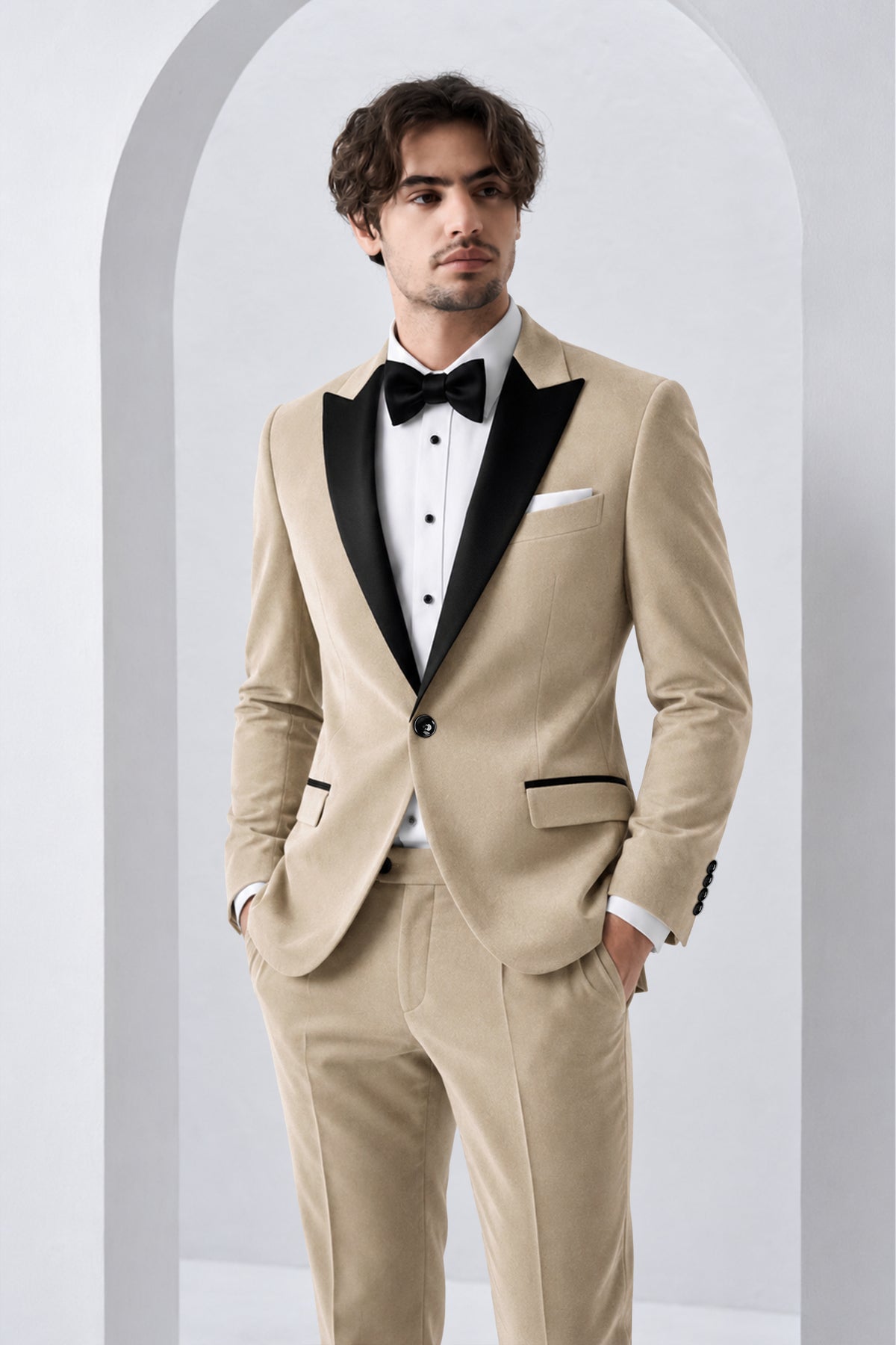 Lustre-Napa Cream Velvet Peak Lapel Tuxedo Suit
