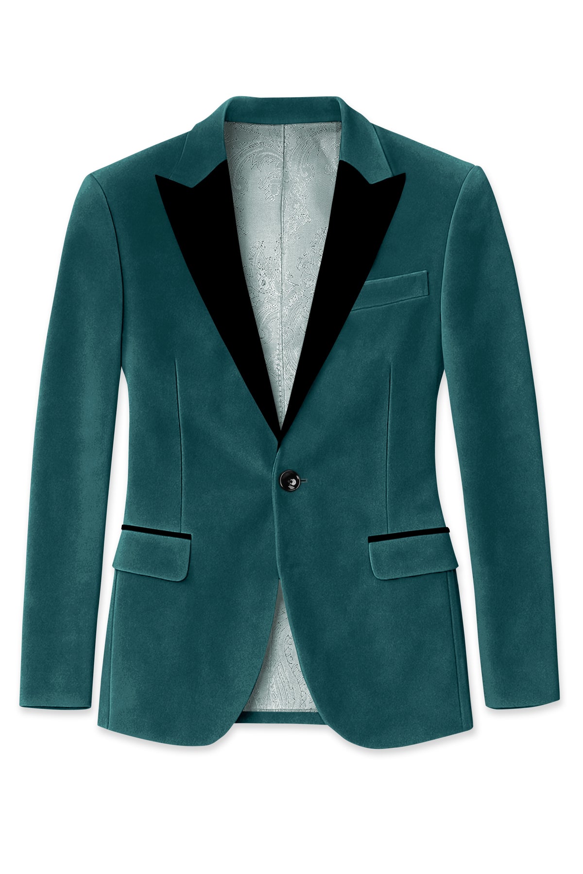 Verdant-Teal Green Velvet Peak Lapel Tuxedo Suit