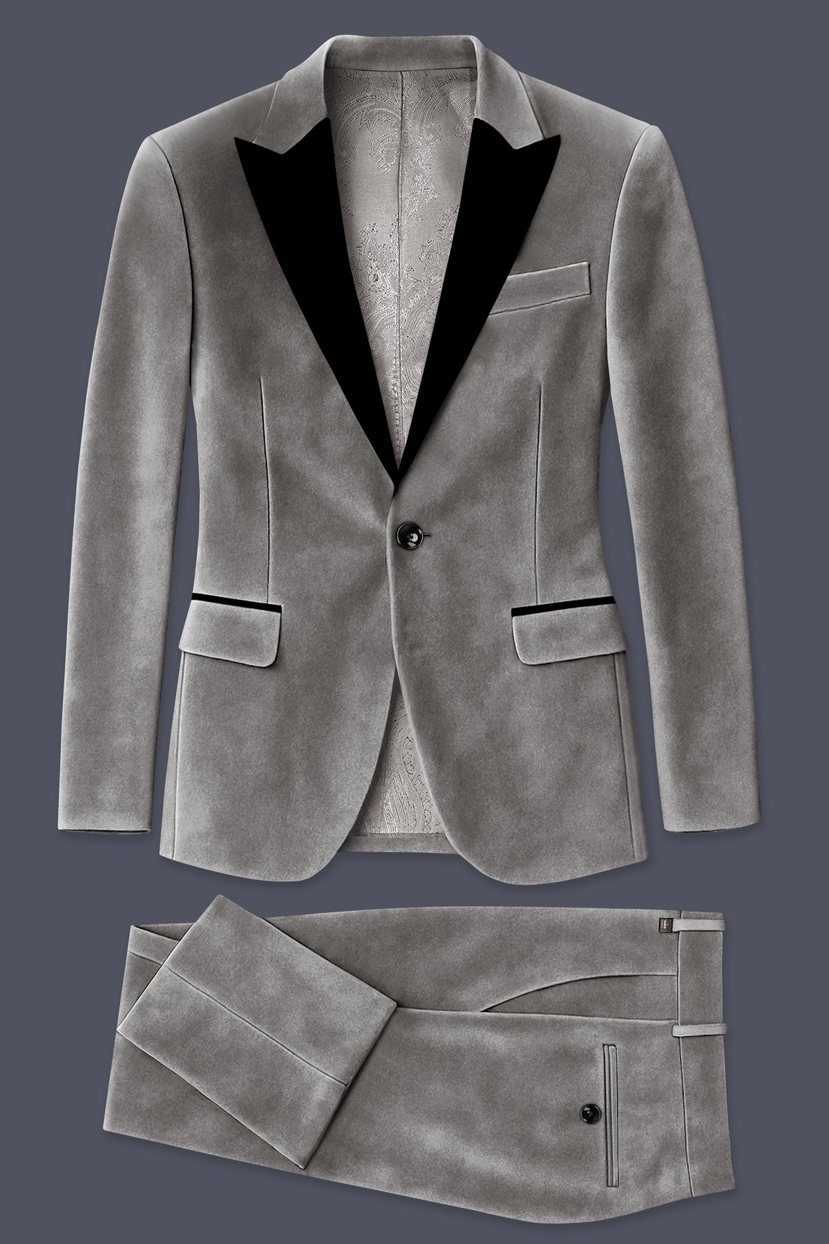 Noir-Chicago Gray Velvet Peak Lapel Tuxedo Suit