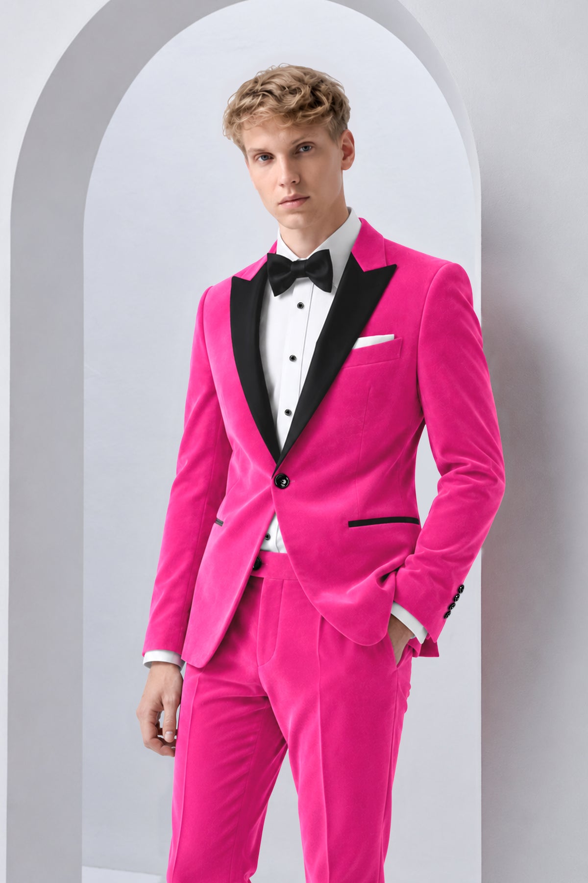 Roselle-Cerise Pink Velvet Peak Lapel Tuxedo Suit