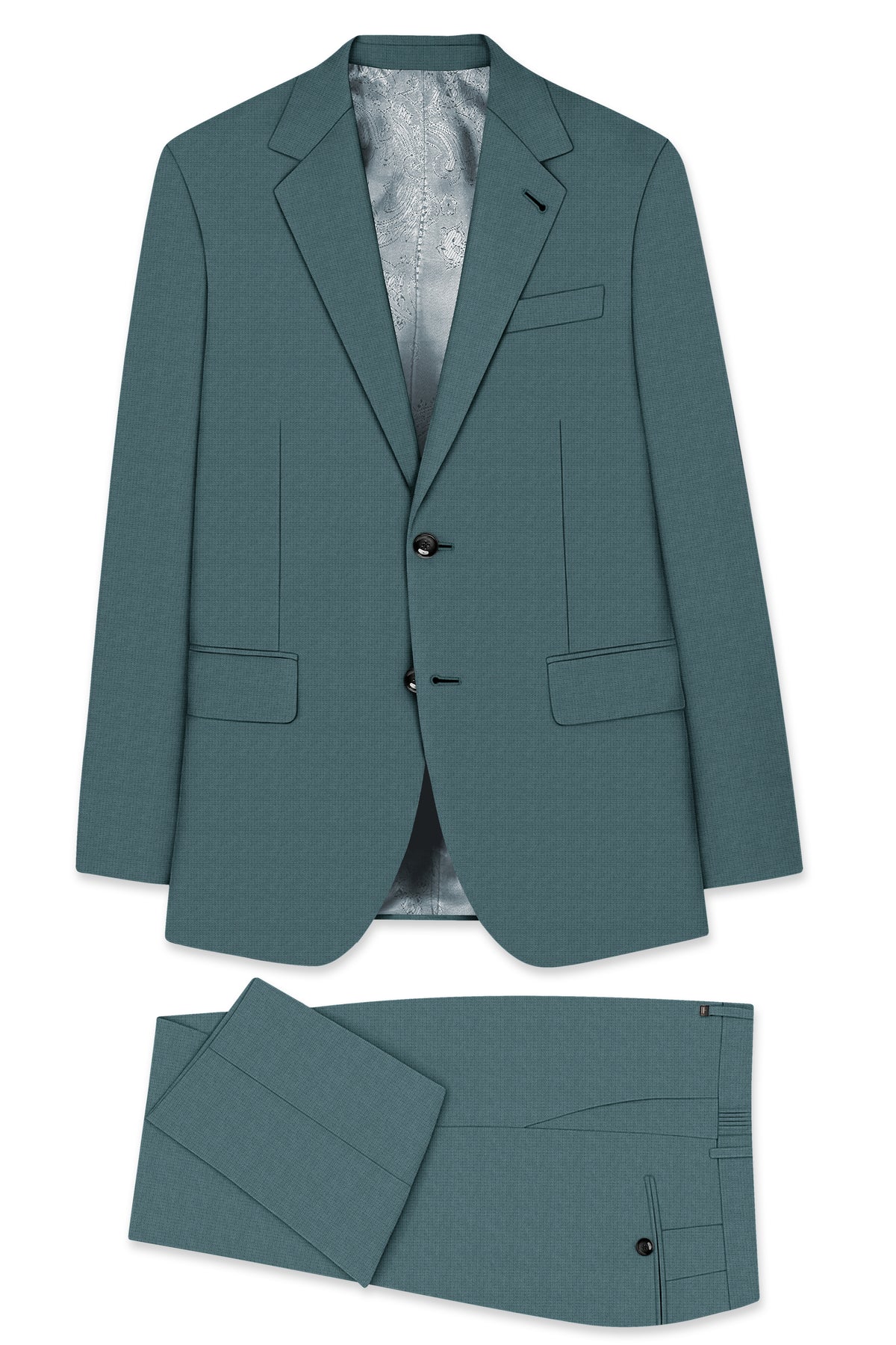 Viridian-Beetle Green Diamond Textured Wool Rich Slight Stretch Single Breasted Suit