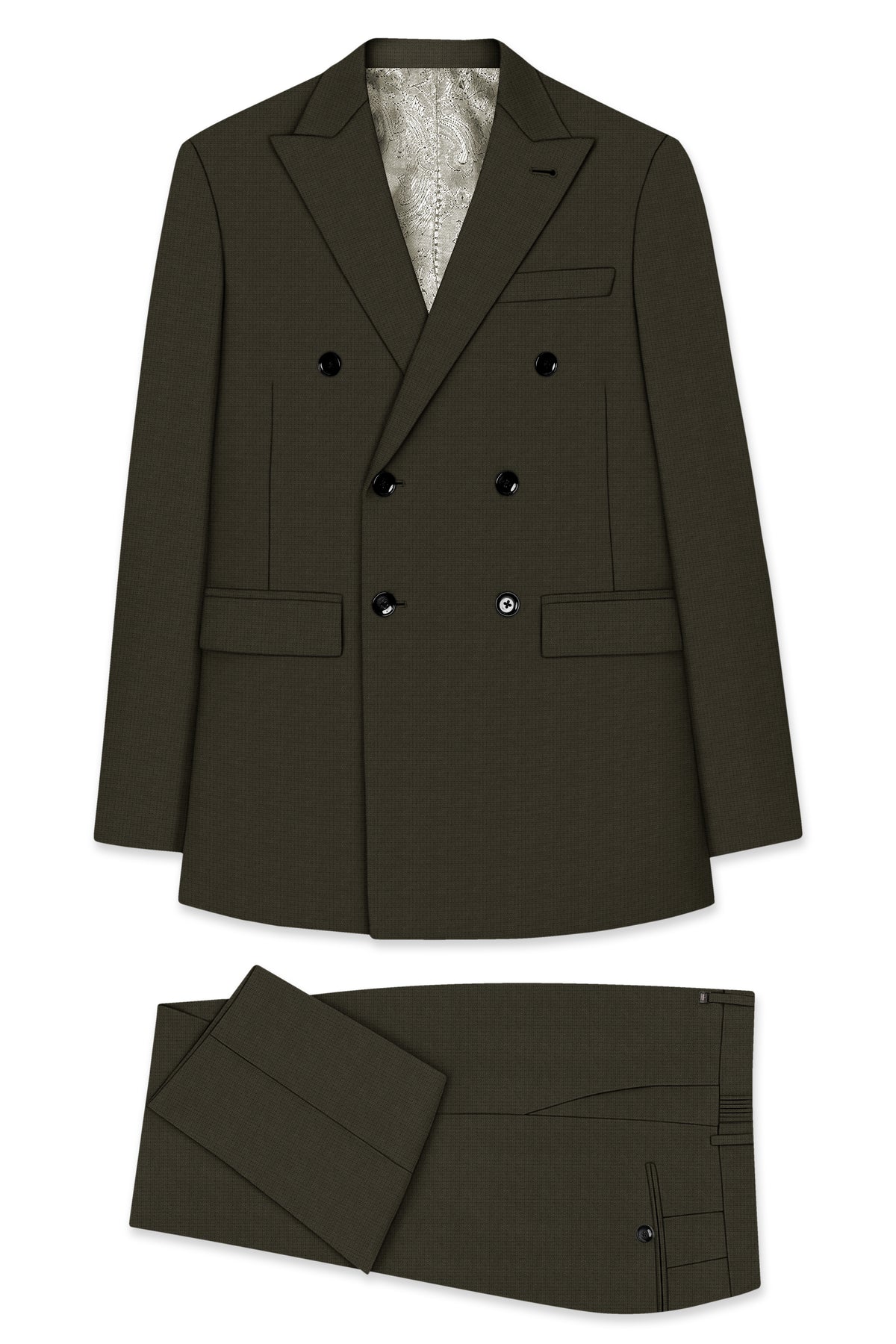 Prestige-Zeus Green Diamond Textured Wool Rich Slight Stretch Double Breasted Suit