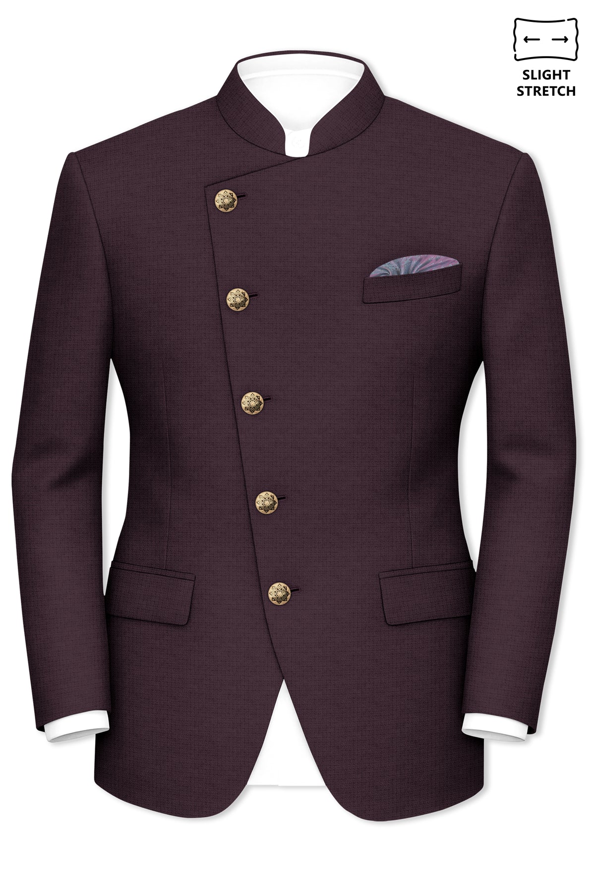 Velaris-Thunder Purple Diamond Textured Wool Rich Slight Stretch Cross Placket Bandhgala Suit