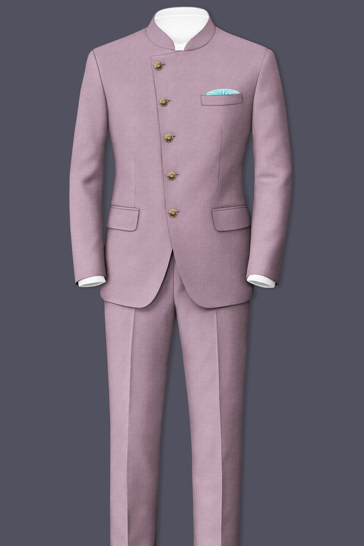 Regalia-Mountbatten Pink Diamond Textured Wool Rich Slight Stretch Cross Placket Bandhgala Suit