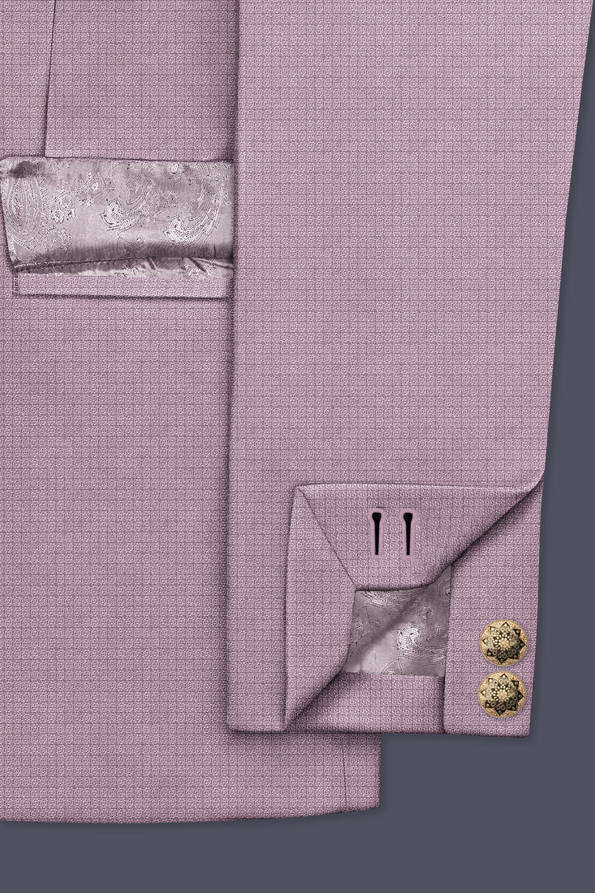 Regalia-Mountbatten Pink Diamond Textured Wool Rich Slight Stretch Cross Placket Bandhgala Suit