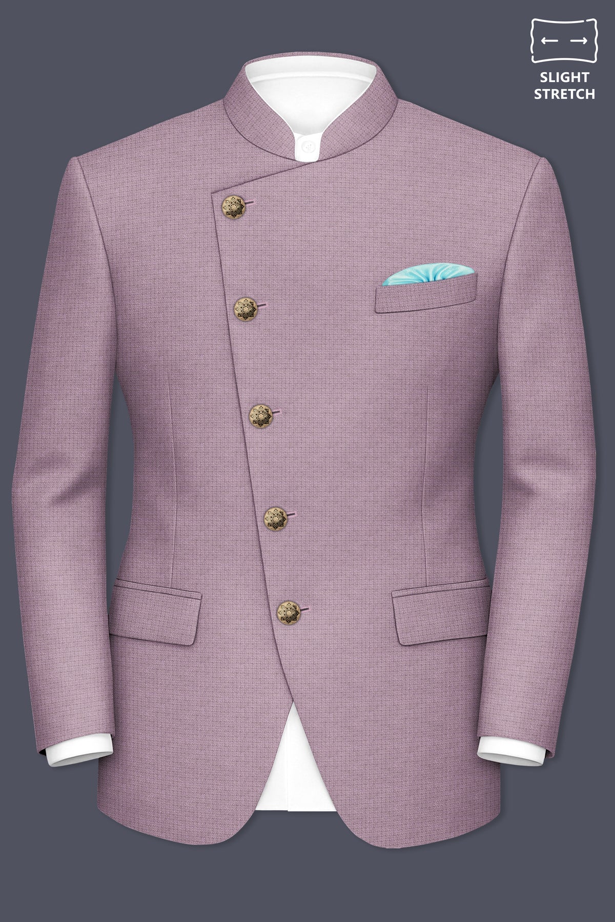Regalia-Mountbatten Pink Diamond Textured Wool Rich Slight Stretch Cross Placket Bandhgala Suit
