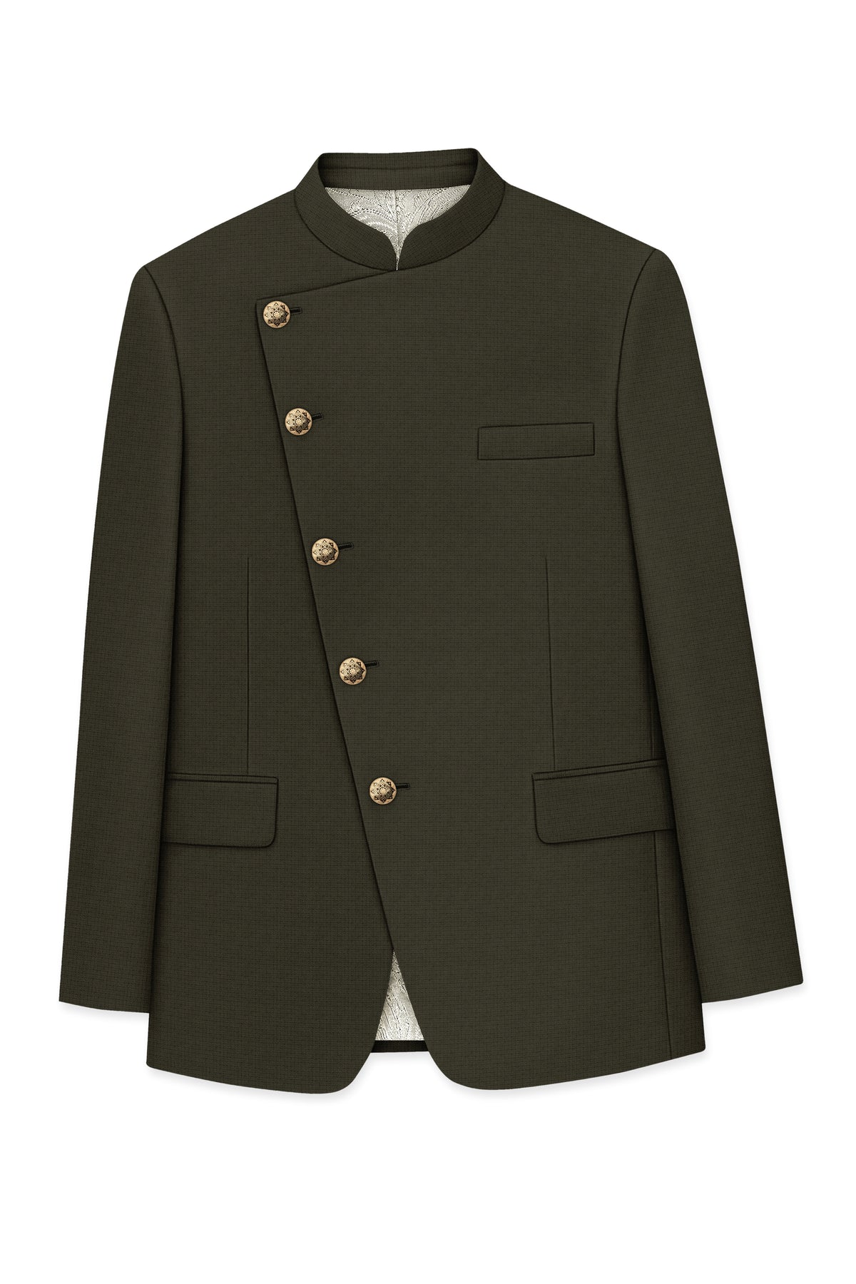 Prestige-Zeus Green Diamond Textured Wool Rich Slight Stretch Cross Placket Bandhgala Suit