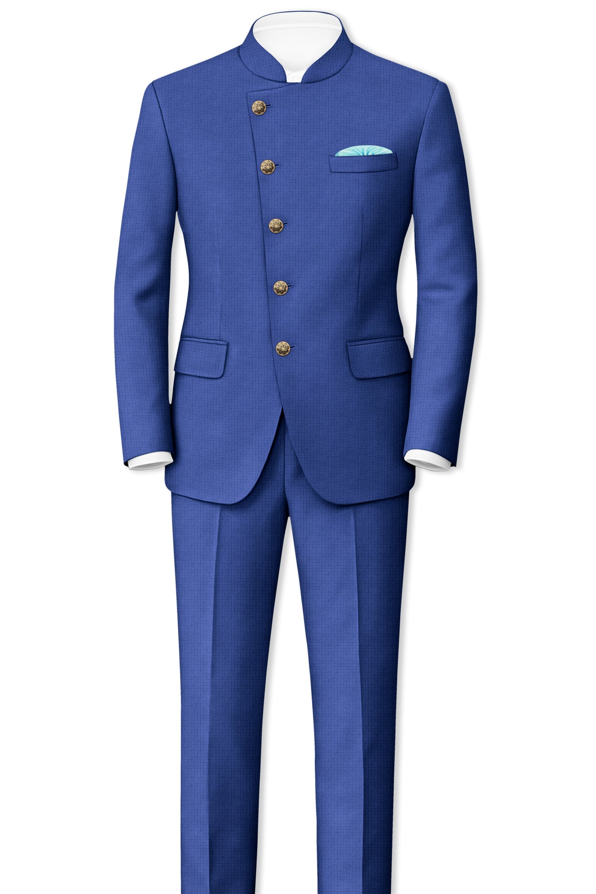 Aurelio-Chambray Blue Diamond Textured Wool Rich Slight Stretch Cross Placket Bandhgala Suit