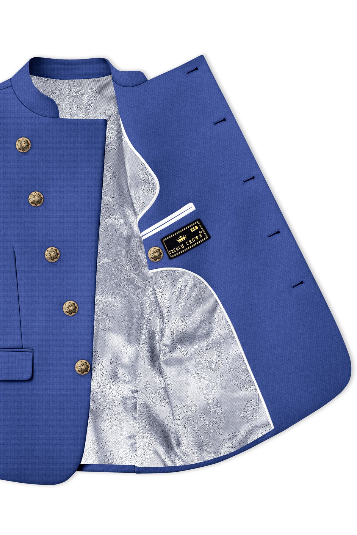 Aurelio-Chambray Blue Diamond Textured Wool Rich Slight Stretch Cross Placket Bandhgala Suit