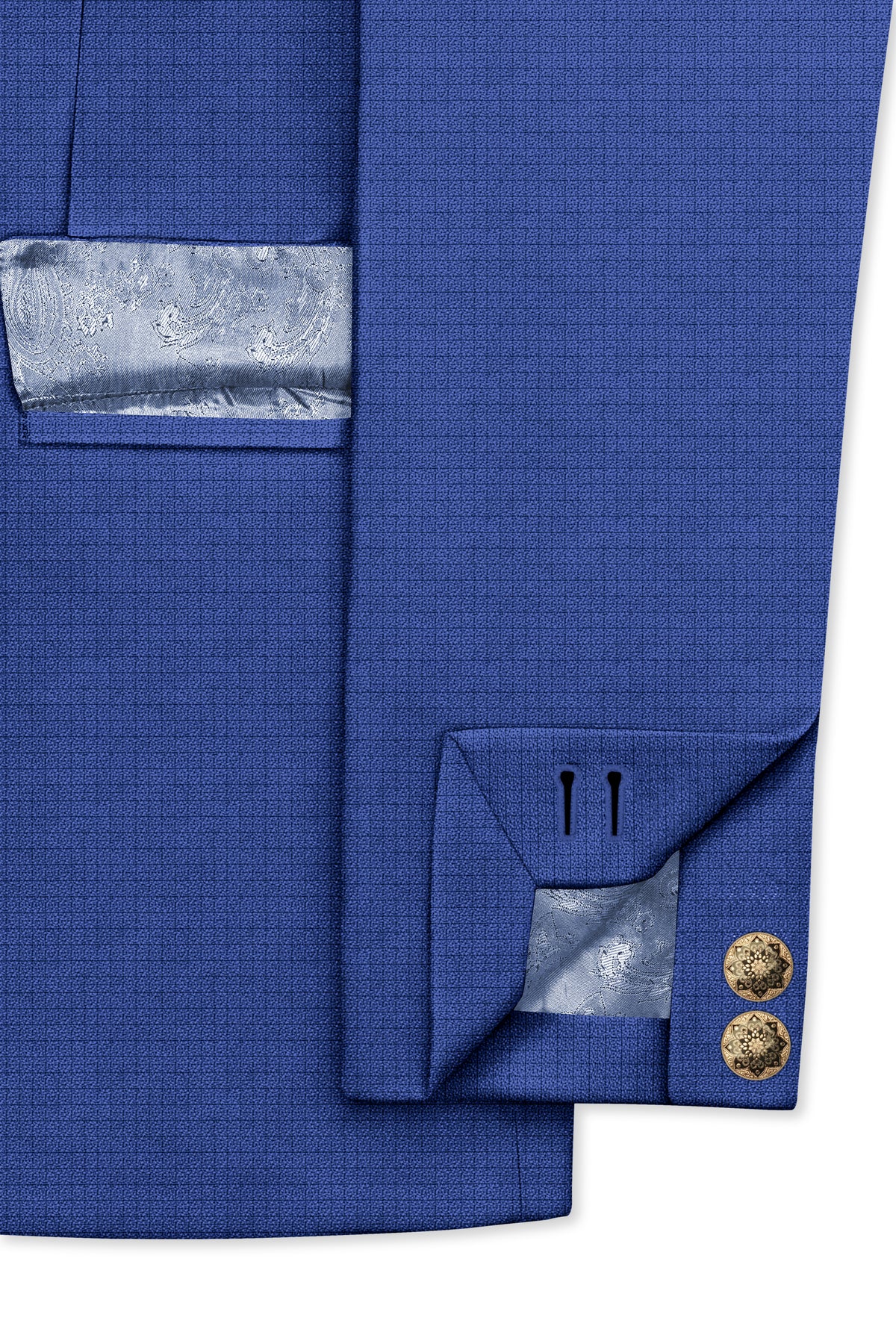 Aurelio-Chambray Blue Diamond Textured Wool Rich Slight Stretch Cross Placket Bandhgala Suit