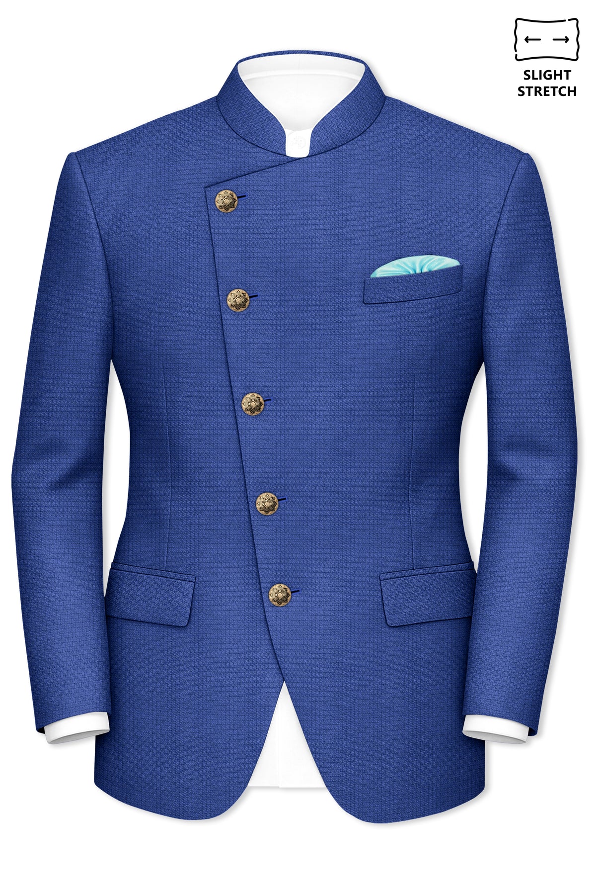 Aurelio-Chambray Blue Diamond Textured Wool Rich Slight Stretch Cross Placket Bandhgala Suit