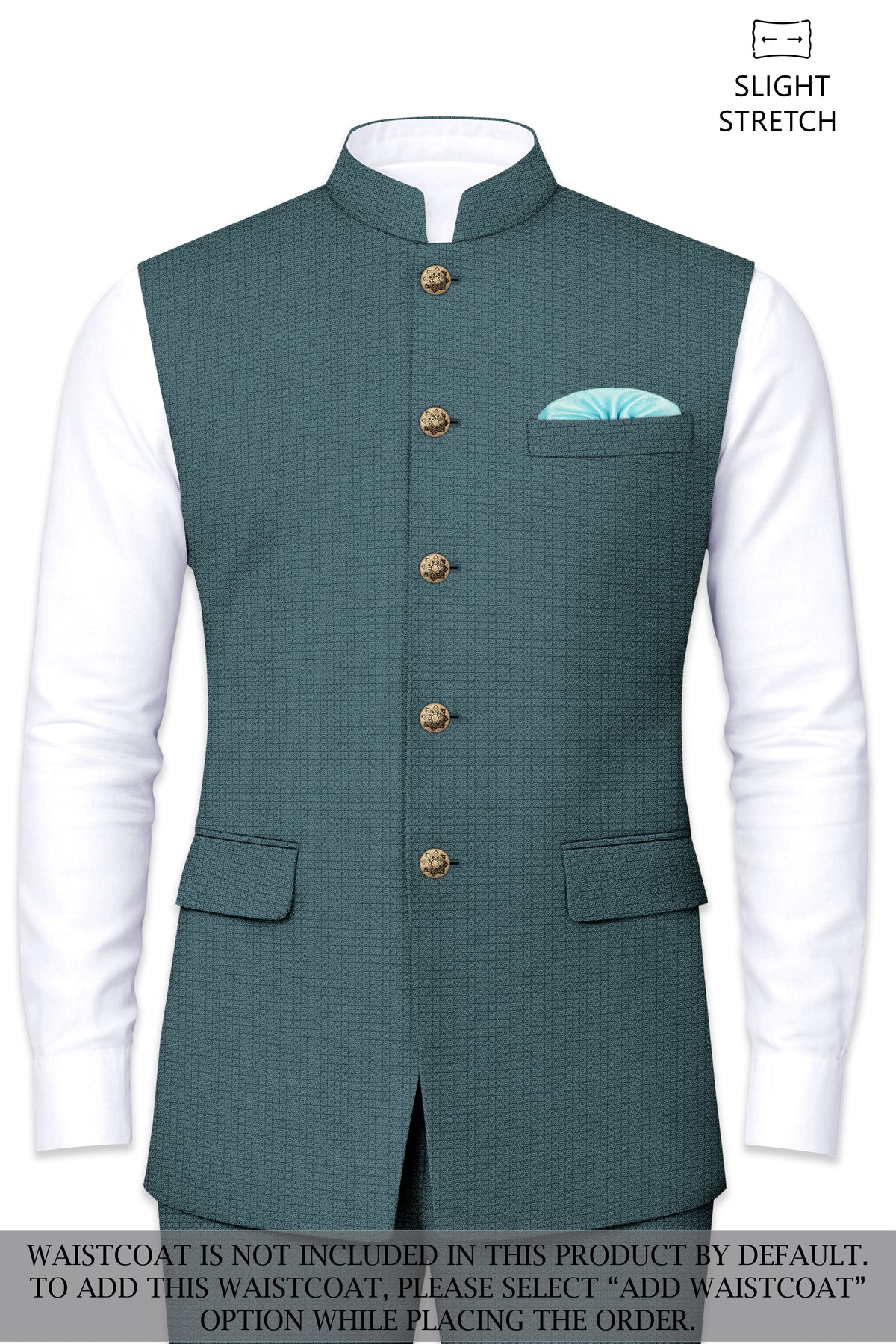 Viridian-Beetle Green Diamond Textured Wool Rich Slight Stretch Cross Placket Bandhgala Suit