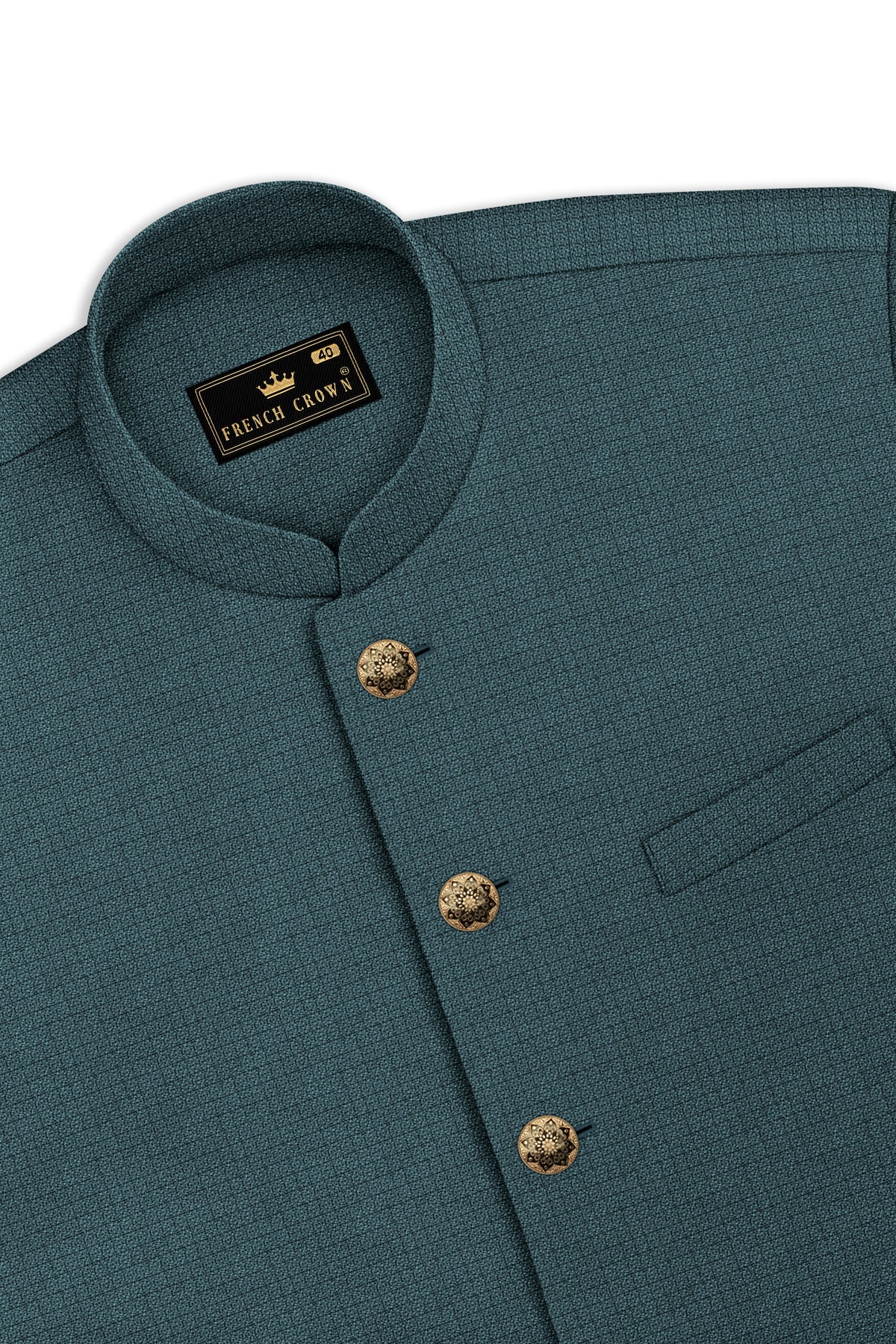 Viridian-Beetle Green Diamond Textured Wool Rich Slight Stretch Cross Placket Bandhgala Suit