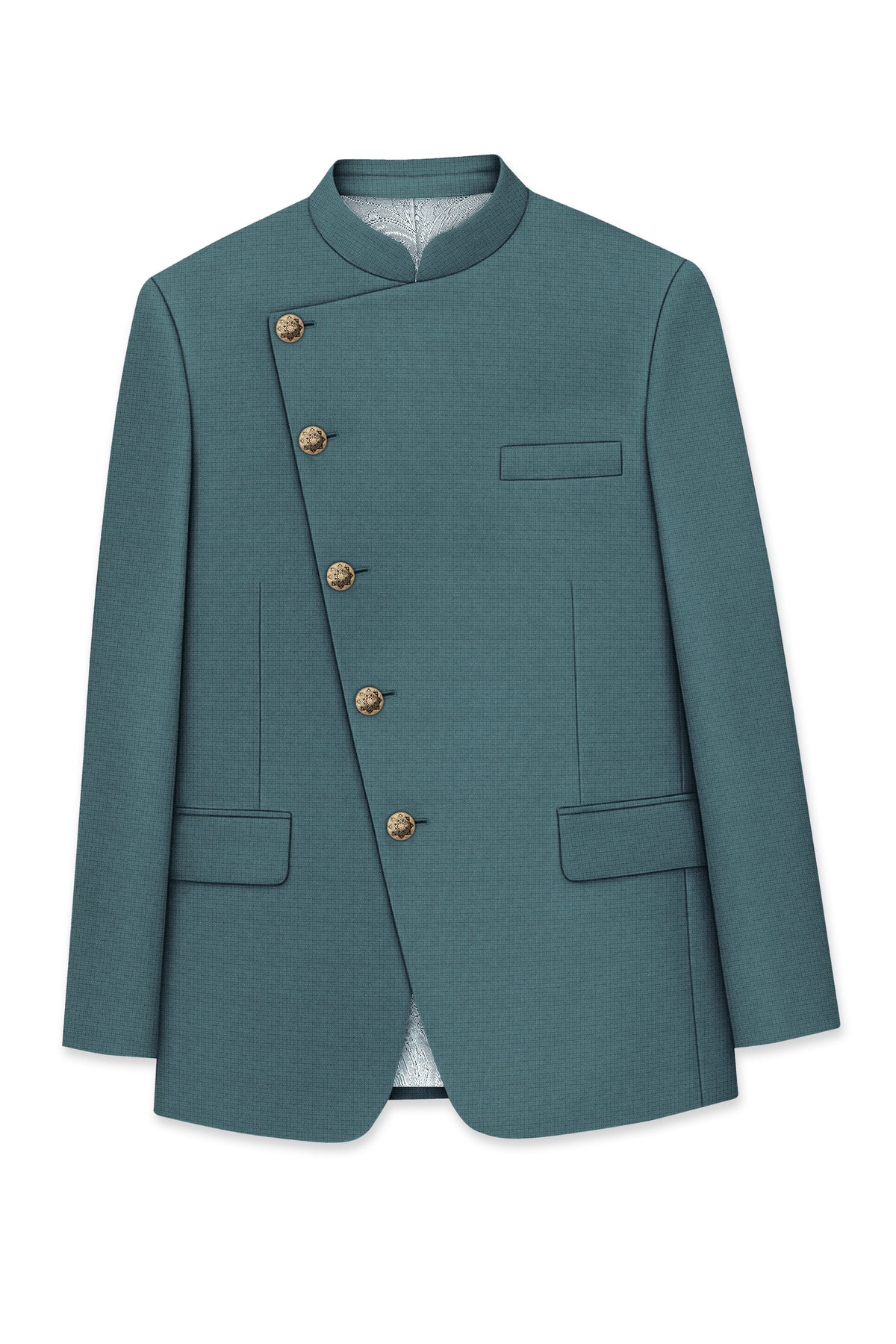 Viridian-Beetle Green Diamond Textured Wool Rich Slight Stretch Cross Placket Bandhgala Suit