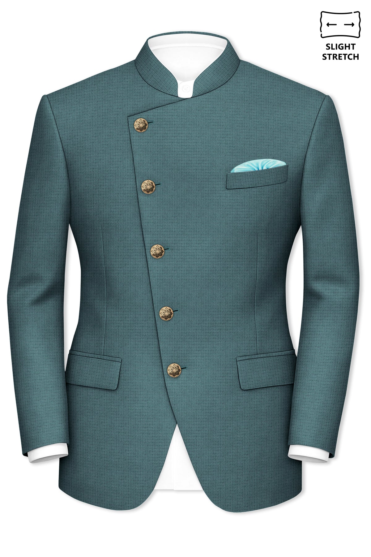 Viridian-Beetle Green Diamond Textured Wool Rich Slight Stretch Cross Placket Bandhgala Suit