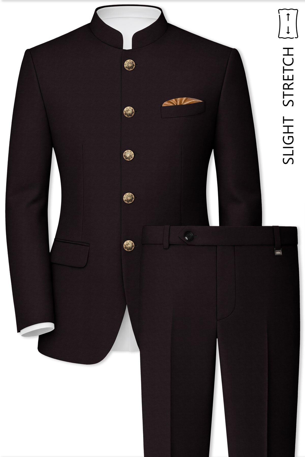 Regency-Cocoa Brown Diamond Textured Wool Rich Slight Stretch Bandhgala Suit