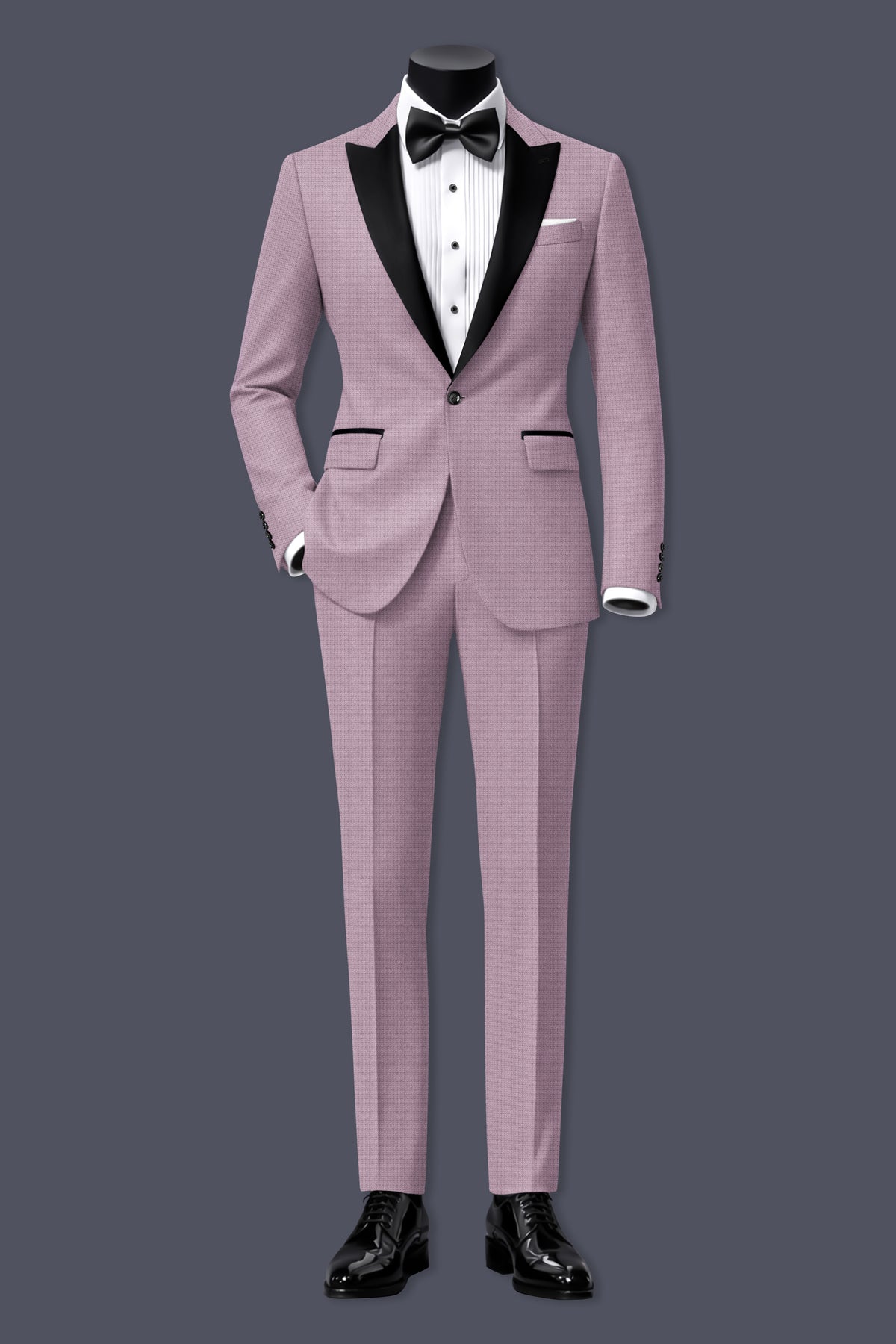 Regalia-Mountbatten Pink Diamond Textured Wool Rich Slight Stretch Peak Lapel Tuxedo Suit